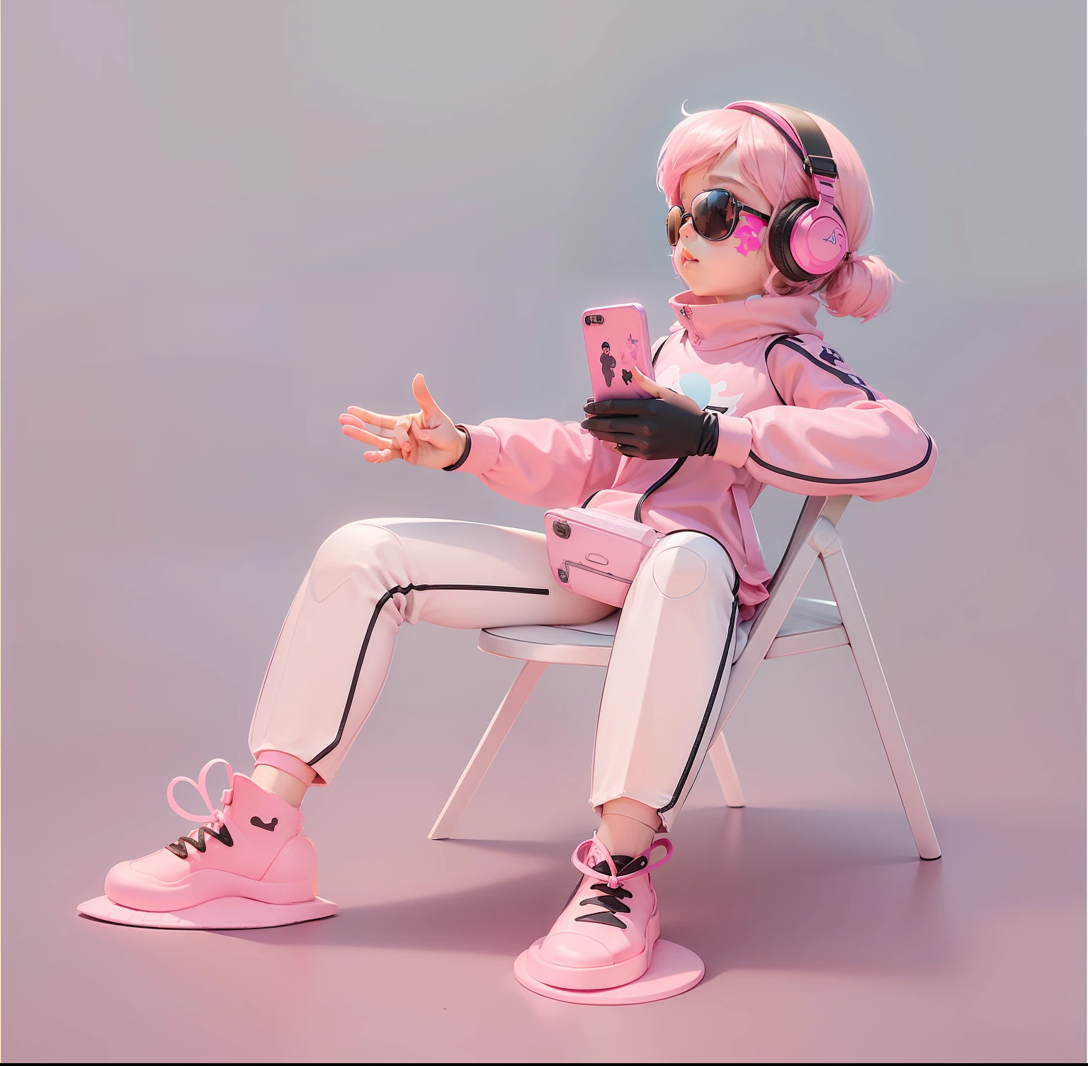 （digitial painting），（best qualtiy），Blind box toy style，A little girl with sunglasses looking at her phone，tidal current，Pink hair with headphones，Wearing pink suspenders and ripped pants，white backgrounid，cruel， --auto --s2