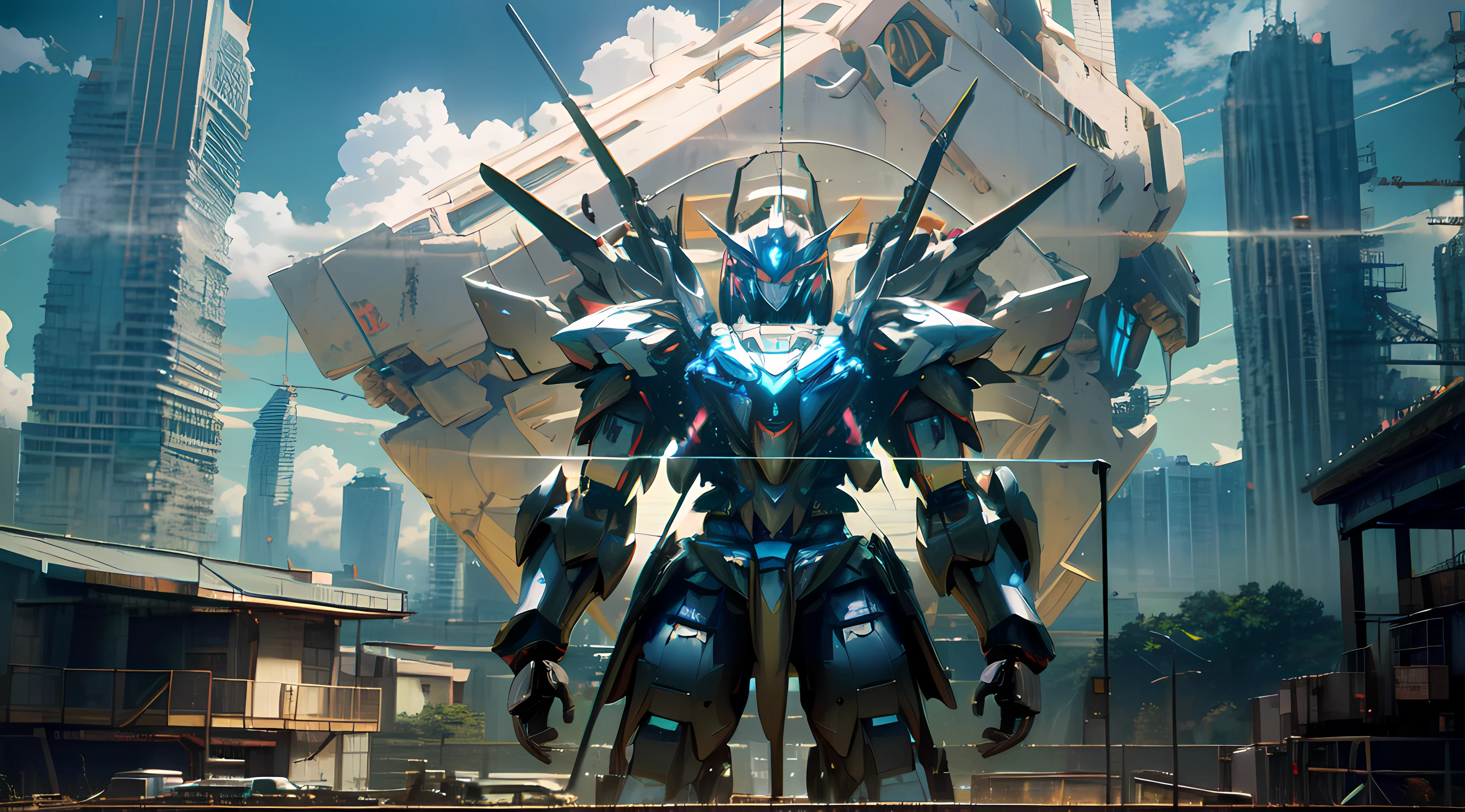 anime - style robot standing in front of a futuristic city, an anime large mecha robot, giant anime mecha, anime mecha aesthetic, cool mecha style, anime concept hdr anime macmanus, mecha suit, mecha warrior, tremendous mecha robot, mecha anime, mecha armor, alexandre ferra mecha, anime mech armor, cg artist