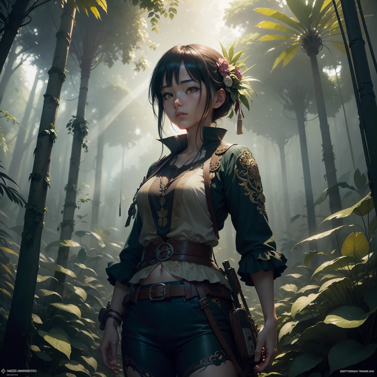 Digital illustration, Detailed and intricate, The dense jungle is full of exotic plants and animals, Sunlight shines through the canopy,Produces a mottled effect. In the style of Yoshitaka Amano and Hayao Miyazaki, Masterpiece, Proportional, Detailed, trending on artstationh, Beautiful lighting, Realistic, Intricate, Award-Awarded, 4K, Highest quality Award-winning, 4K digital painting in the style of Yoshitaka Amano. Detailed and intricate depiction of a zombie apocalypse, cleverly capturing the chaos and drama of the scene. Beautiful lighting and cinematic composition make this piece a true masterpiece, trending on artstationh