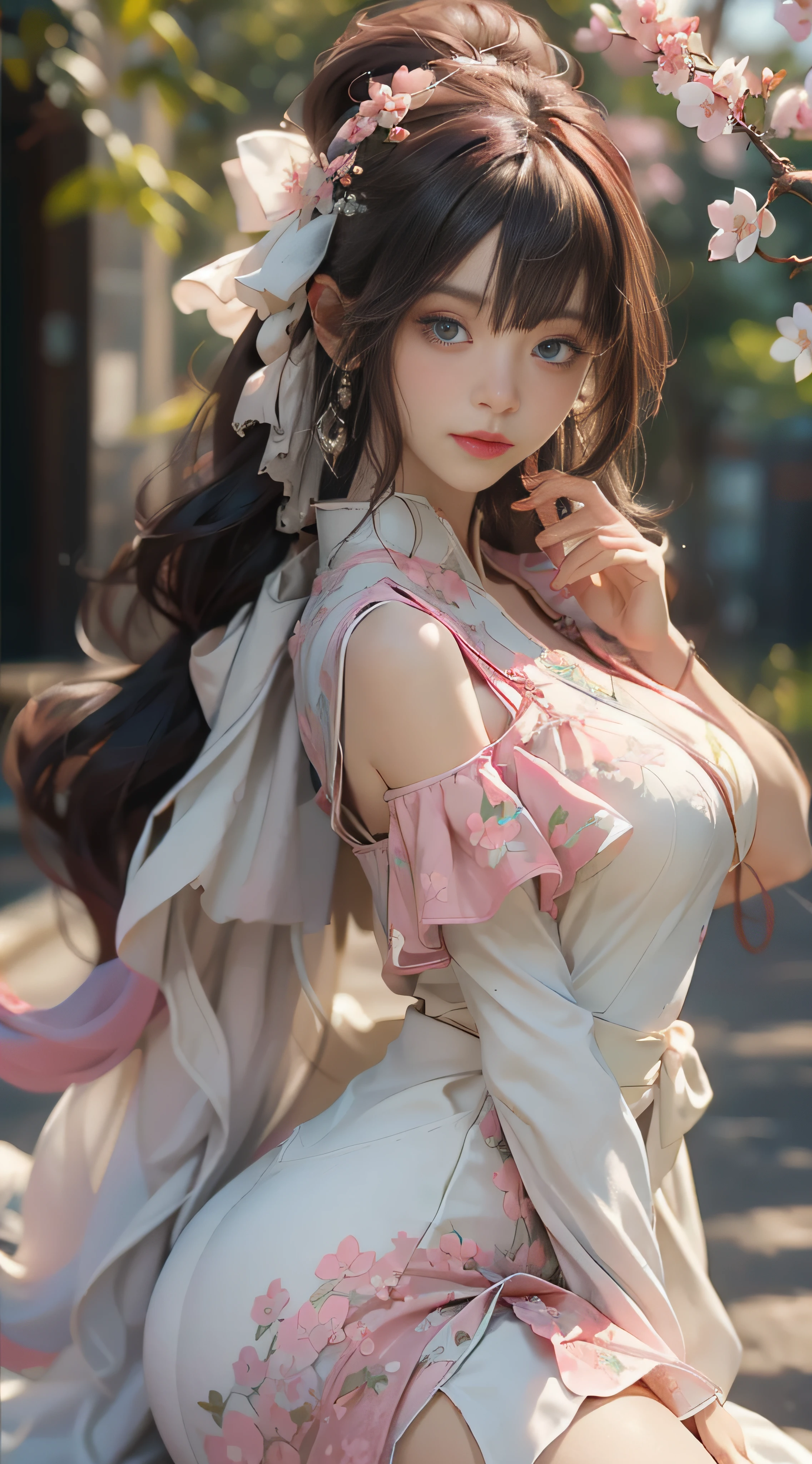 （（best qualtiy））， （（tmasterpiece））， （detail：1.4）， Beautiful cyberpunk female images，hdr（HighDynamicRange），Ray traching，NVIDIA RTX，Hyper-Resolution，illusory 5，sub surface scattering，PBR textures，post-proces，Anisotropy Filtering，depth of fields，maximum definition and sharpness，Many-Layer Textures，Albedo e mapas Speculares，Surface coloring，Mitsu-Accurate simulation of material interactions，perfectly proportioned，rendering by octane，Two-colored light，largeaperture，Low ISO，White balance，Rule three points、8K raw data、Beautiful bright blue pupils，off-the-shoulder clothes，Fine pupils，Delicate face and eyes，long eyelasher，Blushlush，Delicate and fluffy hair，pink lip，Pure，Cute face，Sweet girl，Artistic sense，Casual wear，Advancedsense，butterflys，Cherry blossom petal，Beautiful hair accessories，Long hair and waist，Hair fluttering in the wind，wedding gown，curlies
