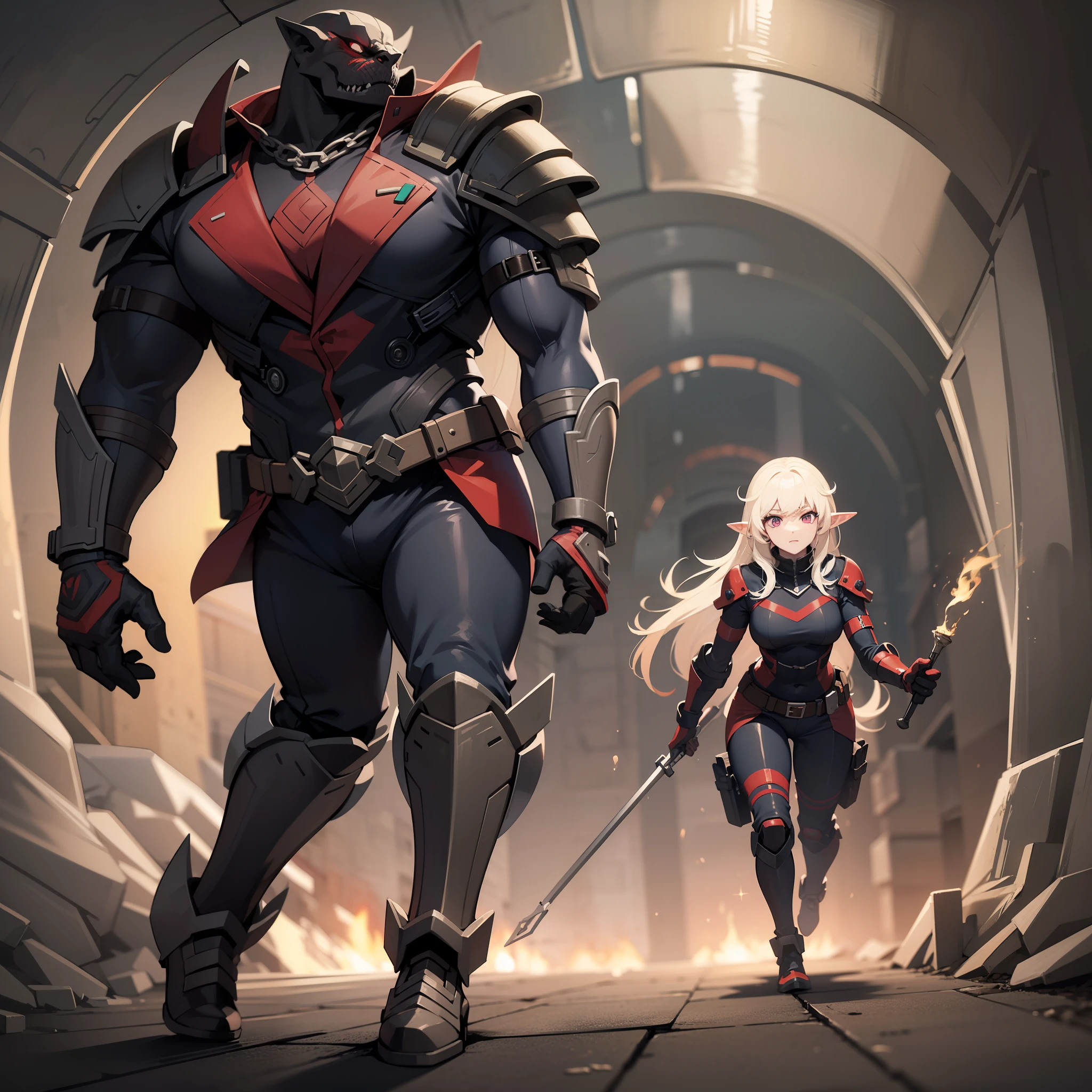 female elf, combat suit, walking through a dark sewer, being followed by her worst nightmare