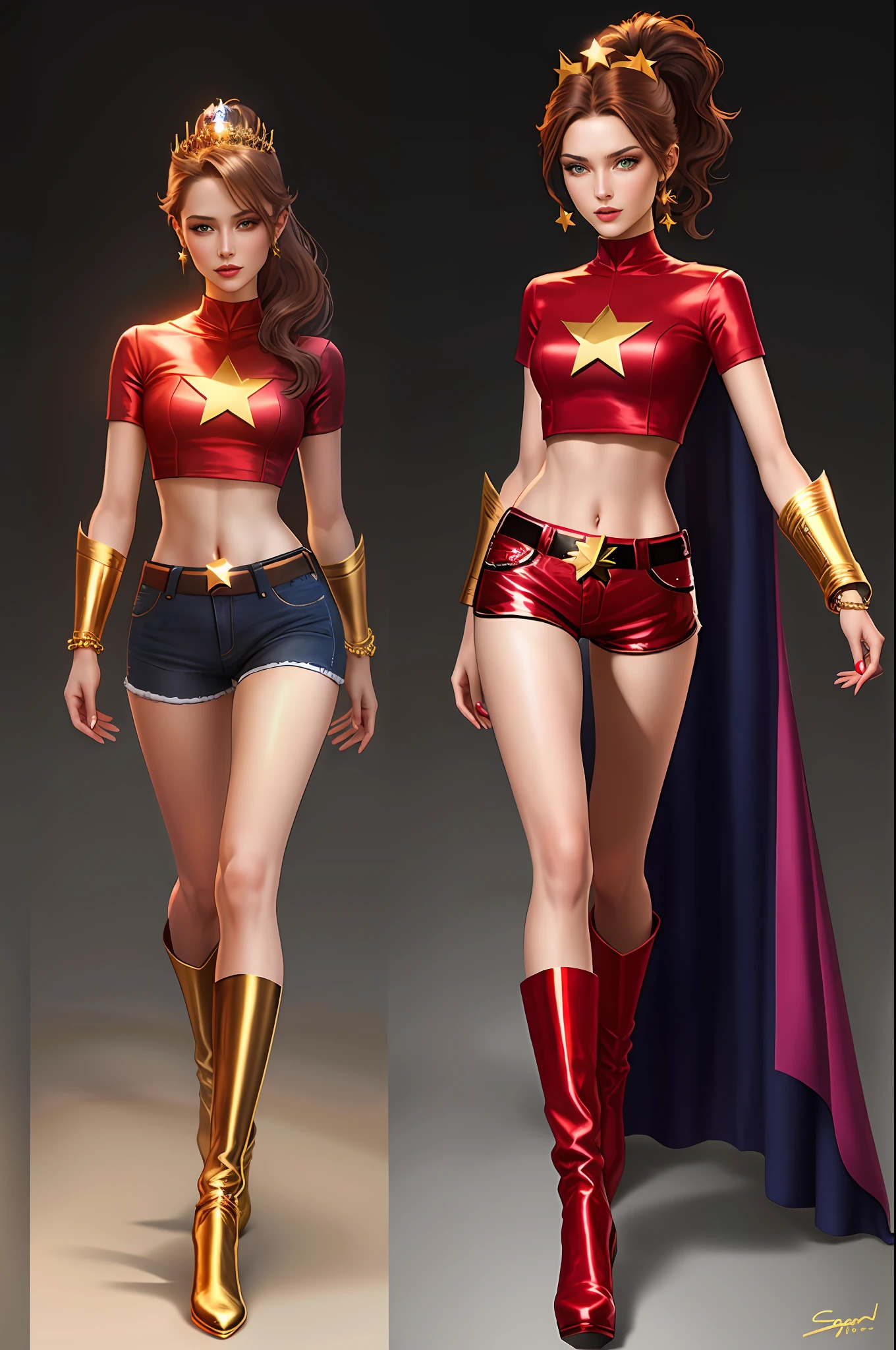 beautiful female superheroine, super model , green eyes brown hair, ponytail, red crop shirt, with a golden Star, wears a golden tiara on forehead with a red gem in her head , golden bracelets, long red boots, and small red shorts
