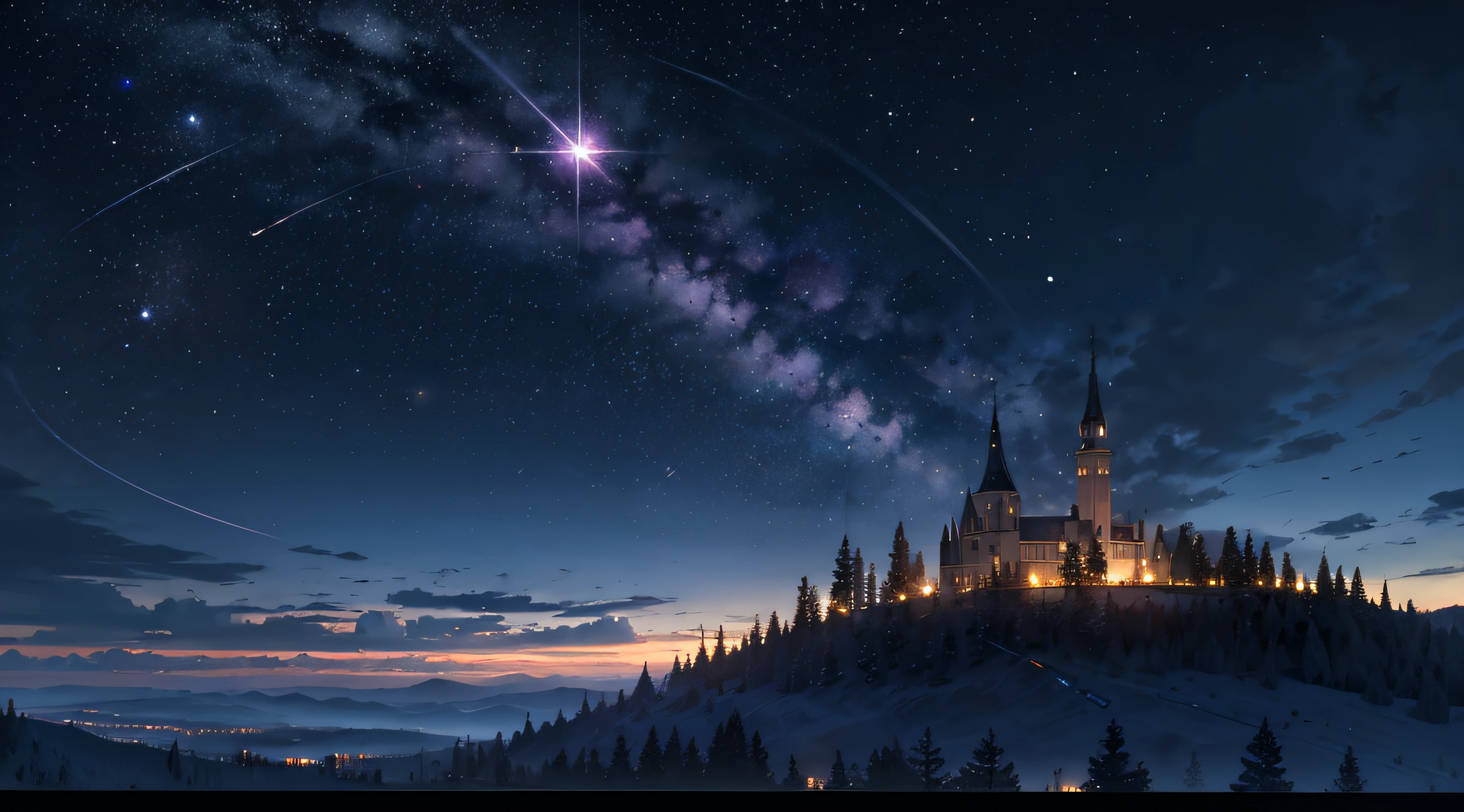 Expansive landscape photograph,(moon full:1.2),(meteors:0.9),(Starcloud:1.3),Far Mountain, Tree BREAK making art,(Warm light source:1.2),(glowworm:1.2),lamp lights,Lots of purple and orange,Complicated details,Volumetriclighting,Realism BREAK(tmasterpiece:1.2),(best qualtiy),4K,Ultra-detailed,(dynamic compositions:1.4),The is very detailed,Colorful details,(Irridescent color:1.2),(luminouslighting,Atmospheric lighting),dream magical,magical,(独奏:1.2),((best qualtiy)), ((tmasterpiece)), (the detail:1.4),depth of fields,maximum definition and sharpness,perfectly proportions,Fluttering clouds,Wallpapers