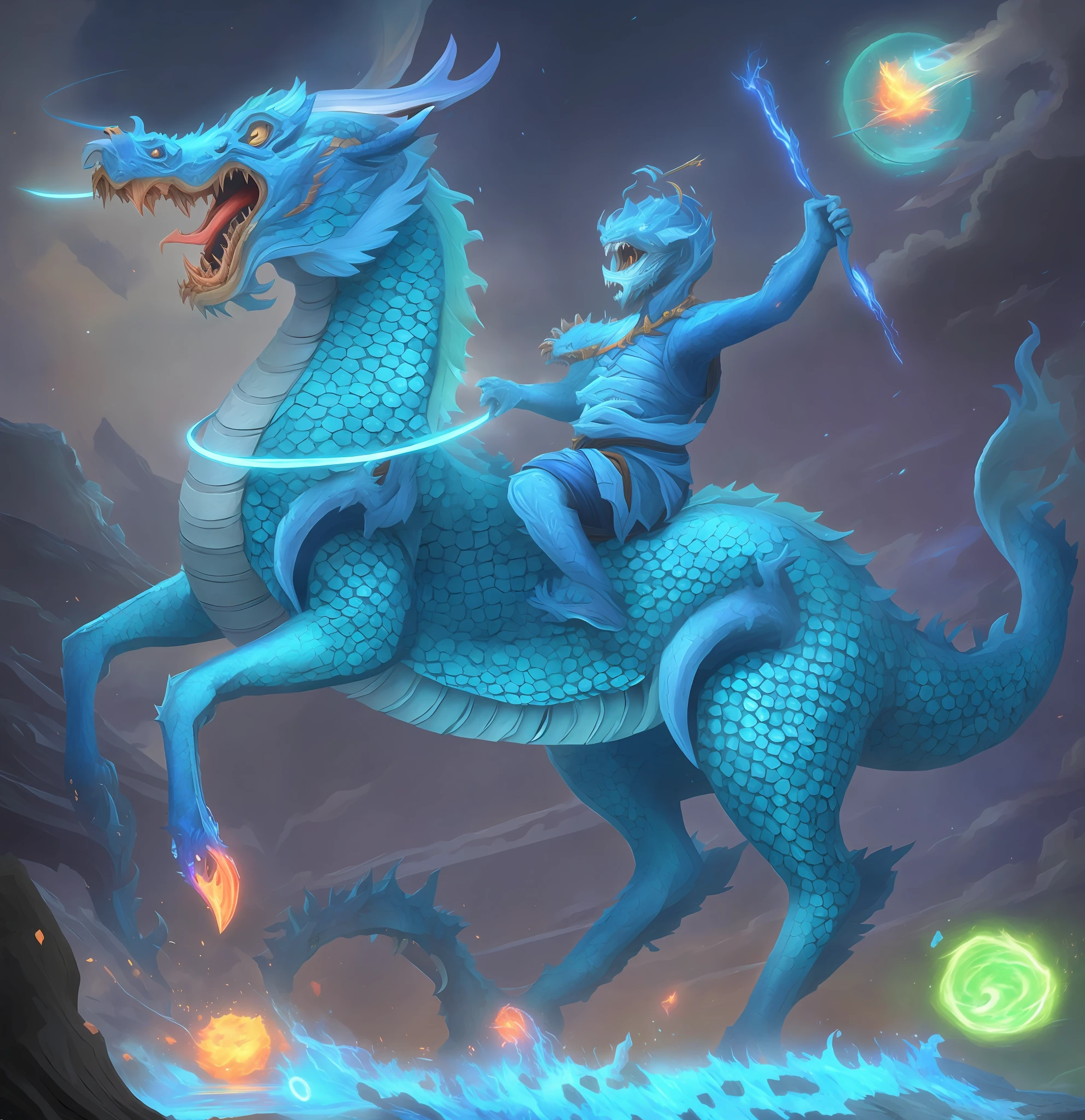 A blue dragon with lightning comes out of its mouth...., storm dragon, Lightning Dragon Attack, epic dragon, cyan chinese dragon fantasy, blue scaled dragon, blue dragon, legendary dragon, charging through a dragons lair, colossal dragon as background, Hearthstone Fantasy Art Style, frost dragon, crystal dragon, Hearthstone Card Art, Blue lightning, Hearthstone Card Art