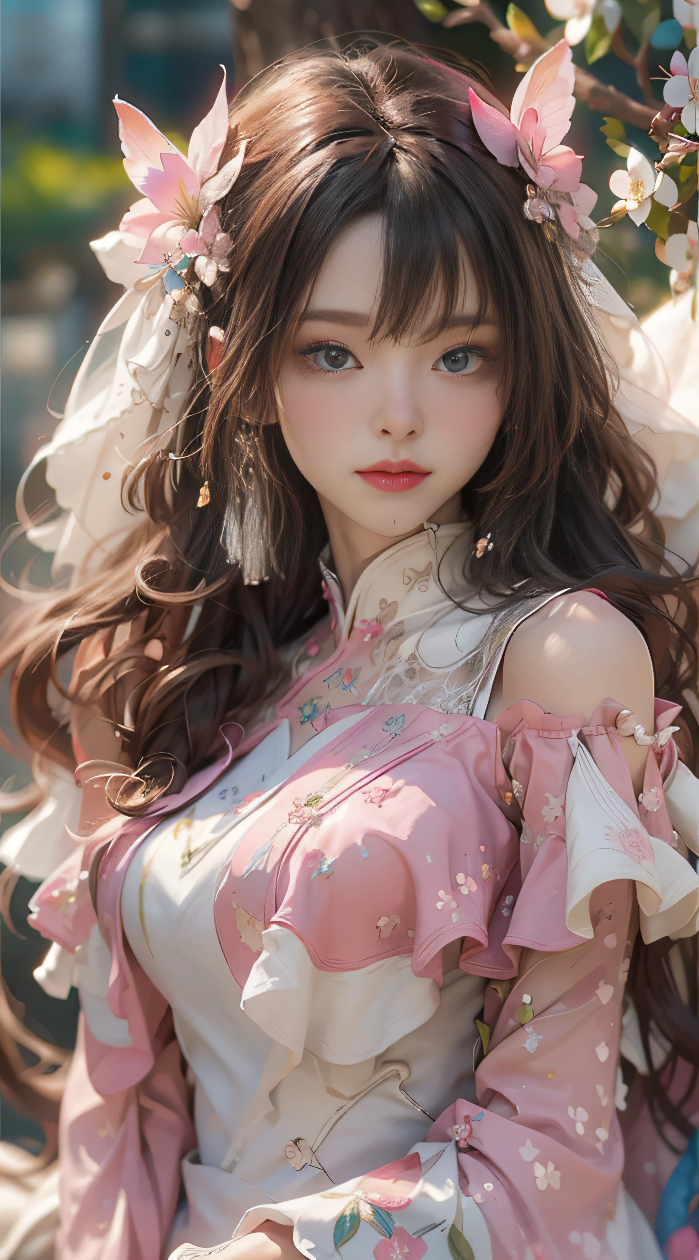 （（best qualtiy））， （（tmasterpiece））， （detail：1.4）， Beautiful cyberpunk female images，hdr（HighDynamicRange），Ray traching，NVIDIA RTX，Hyper-Resolution，illusory 5，sub surface scattering，PBR textures，post-proces，Anisotropy Filtering，depth of fields，maximum definition and sharpness，Many-Layer Textures，Albedo e mapas Speculares，Surface coloring，Mitsu-Accurate simulation of material interactions，perfectly proportioned，rendering by octane，Two-colored light，largeaperture，Low ISO，White balance，Rule three points、8K raw data、Beautiful bright blue pupils，off-the-shoulder clothes，Fine pupils，Delicate face and eyes，long eyelasher，Blushlush，Delicate and fluffy hair，pink lip，Pure，Cute face，Sweet girl，Artistic sense，Casual wear，Advancedsense，butterflys，Cherry blossom petal，Beautiful hair accessories，Long hair and waist，Hair fluttering in the wind，wedding gown，curlies