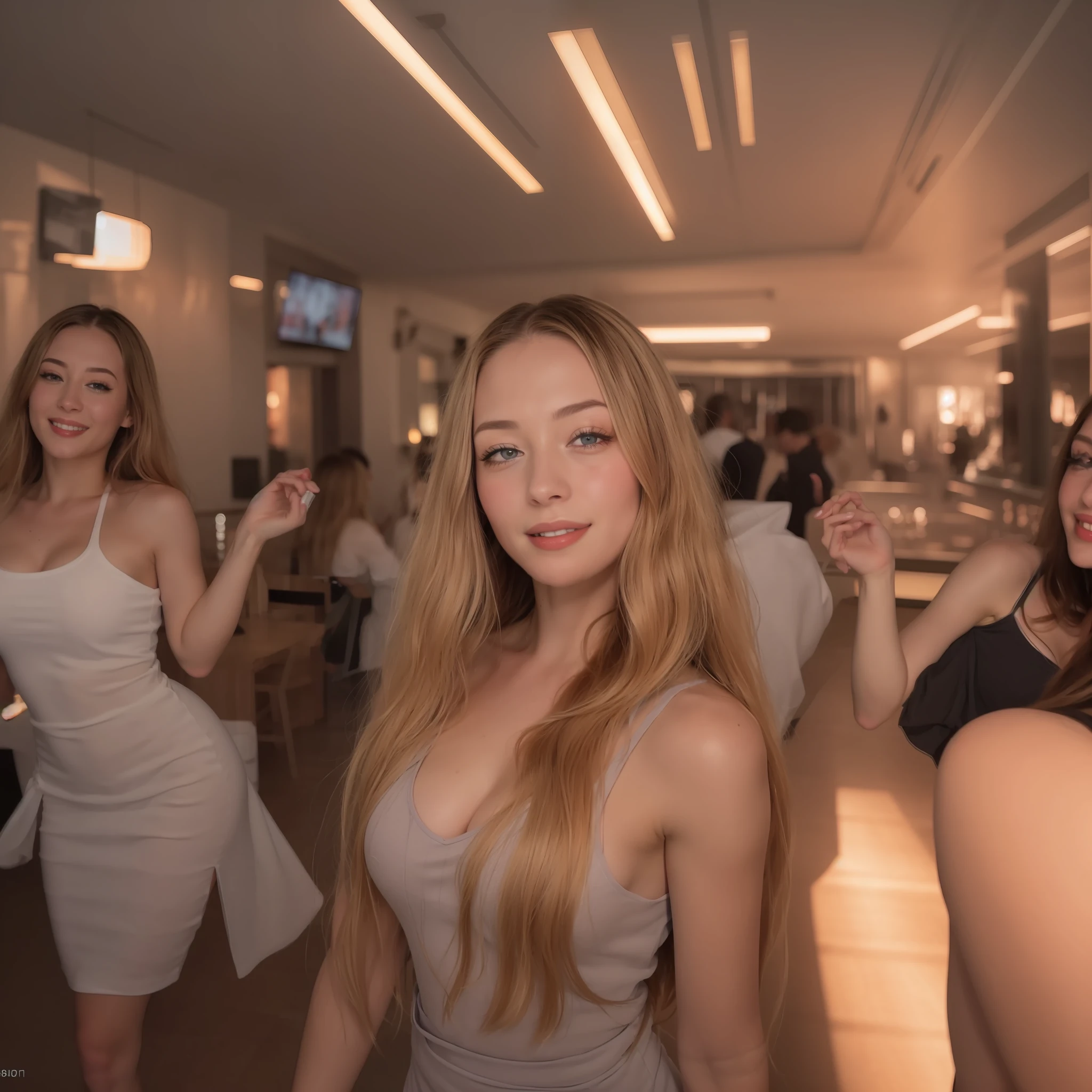 best quality, masterpiece, photo realistic, 8k, 4k, extreme res, ultra high res, dynamic lighting, real lighting, sophiadiamond, looking_at_viewer, smile, very happy, dancing in a club with a summer gray dress and dress, night light