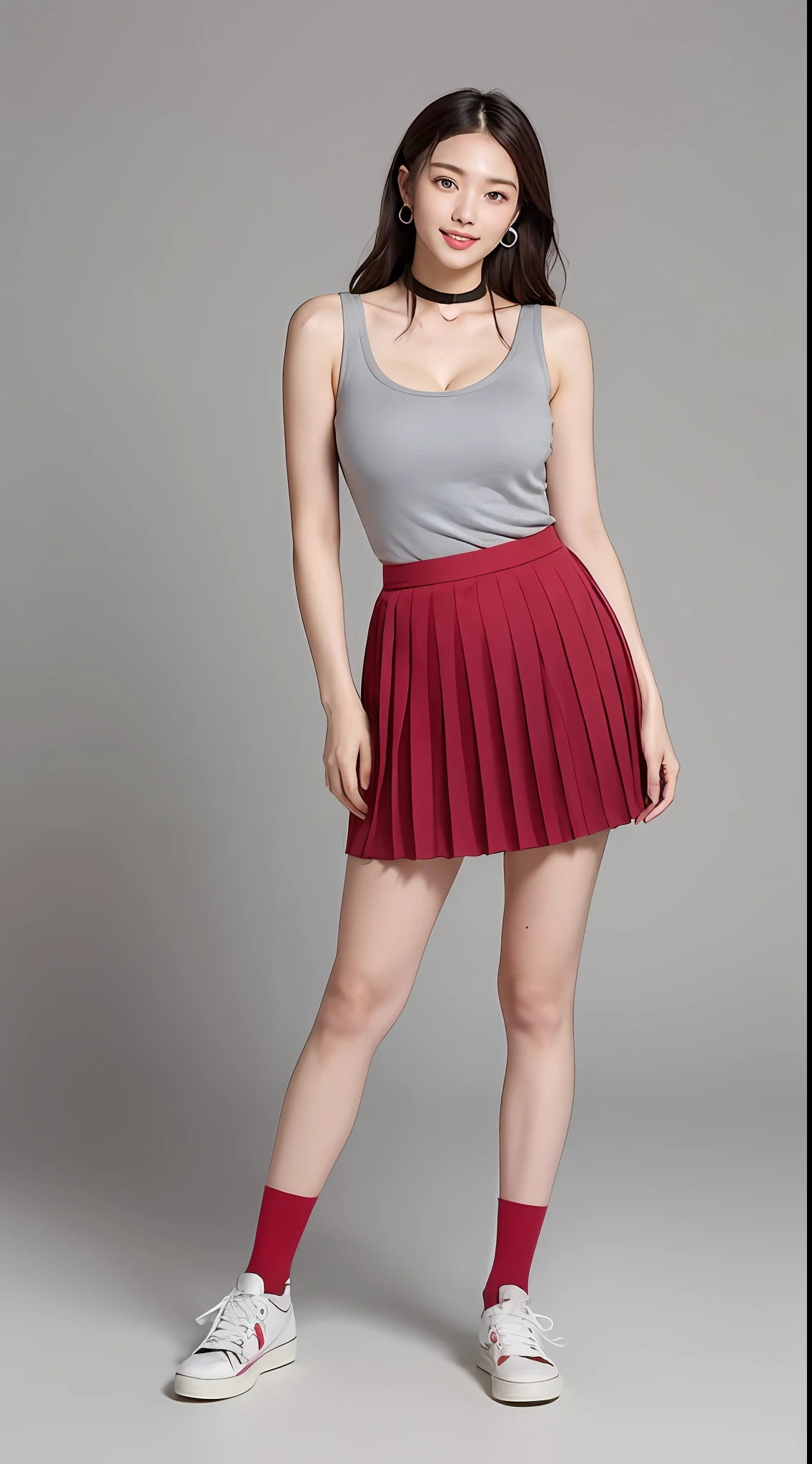 ((midnight, Need, 8K, tmasterpiece:1.3)), Full body like,Whole body, Long legs, Focalors:1.2, Plump body,perfect figure beautiful woman:1.4,((Dark brown hair, huge tit:1.2 )), (low chest, tight-fitting,deep v big breasts,sockes,Long socks,cleavage,Gray pleated skirt,The skirt is short white canvas shoes), ((Light red background)), crowd of,Highly detailed facial and skin texture, A detailed eye, 二重まぶた,largeeyes,crisp breasts,Smile with,Bigger breasts, Wavy hair,crisp breasts,Get wet,Sweat profusely,wearing a choker,Wear earrings,wears a watch,Redlip,lower back,leges,slenderlegs,Long legs,long leges,full bodyesbian,standing on your feet,chest,Straighten your waist,walked,Cat steps