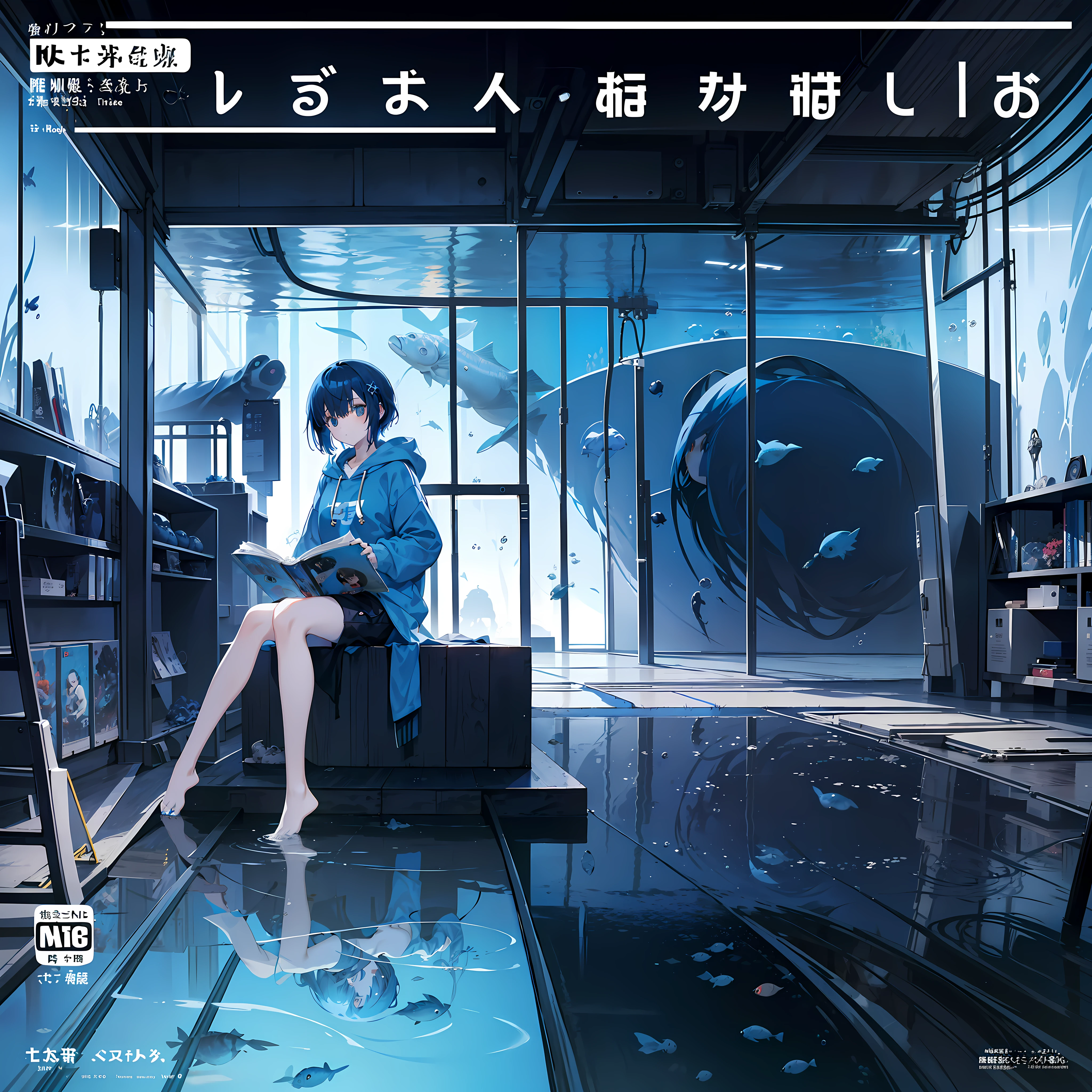 masterpiece, best quality, full body, (1girl), (blue hoodie), (girl Messy Japanese Round Haircut for Thick Hair), (blue hair), black shorts, (solo), (magazine:1.3), (cover-style:1.3), fashionable,Under water, (in side tunnel aquarium), dark mood