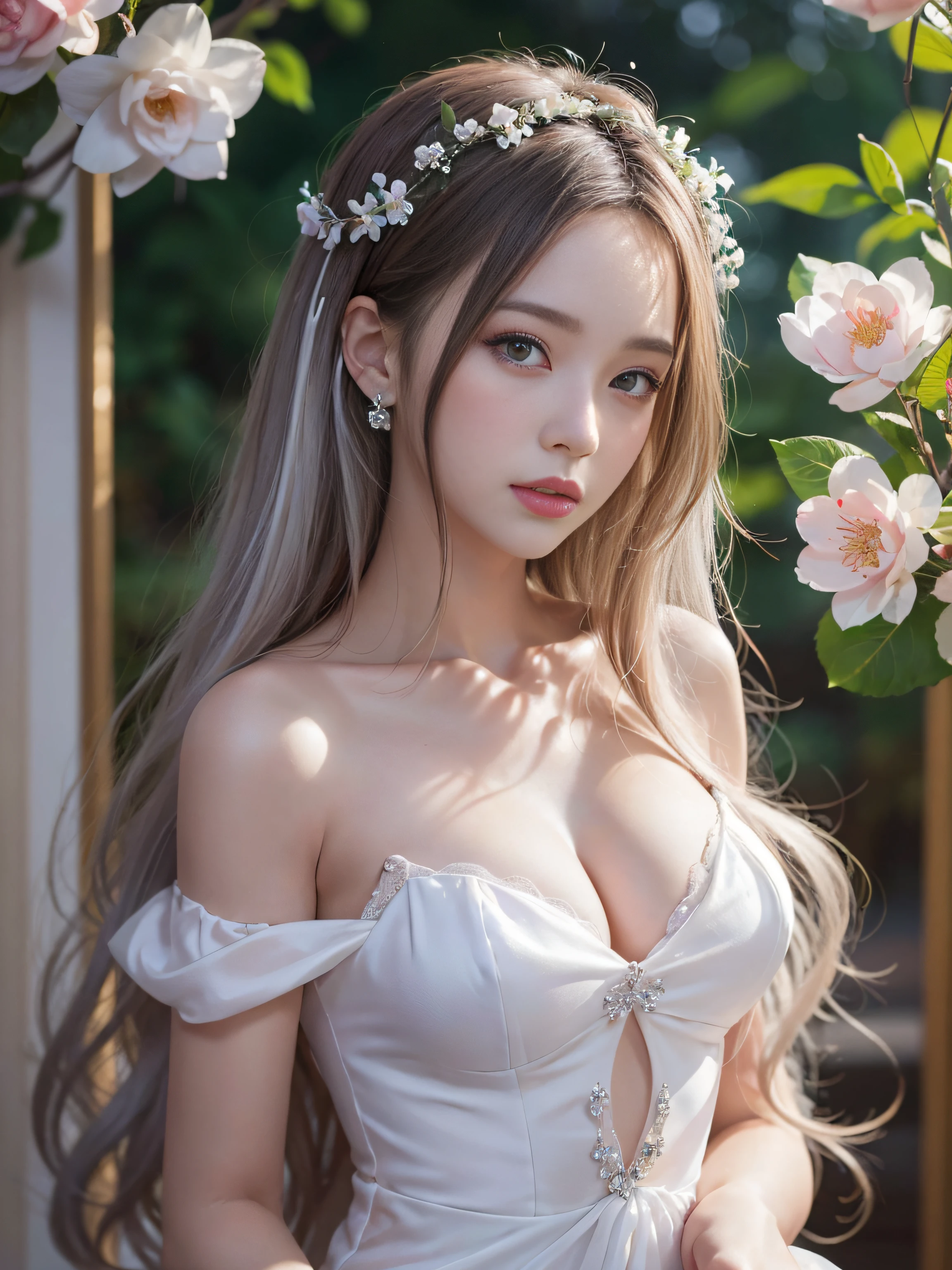 There is a girl in a sheer silk white dress, Plum blossoms, palatial palace, Oriental Architecture Ray Tracing, {top-quality}, {{masterpiece}}, Very detailed 8k wallpaper, {extremely delicate and beautiful}, Colorful and intricately detailed, realisitic, realisitic, Camera Quality, (Detailed depiction of clothing), Cool white skin, (Detailed depiction of blush), 1080p, suns, Soft cuteness, smooth bright silver hair, Messy beauty, illuminating, broken feeling、Bright and silky skin、3D stereoscopic、masterpiece、top-quality、An ultra-fine illustrations、Moderately sized breasts、beautidful eyes、Very fine light、Fine shine、Very fine 8K CG wallpapers、peach eyes、red pupils、extremely delicate and beautiful girl、8k wallpaper、top-quality、Full body close-up、sheer silk white dress、Luxurious silky bright red chiffon floodlights(magia、kirakira、Ultra-slim、The soft、) Hanff