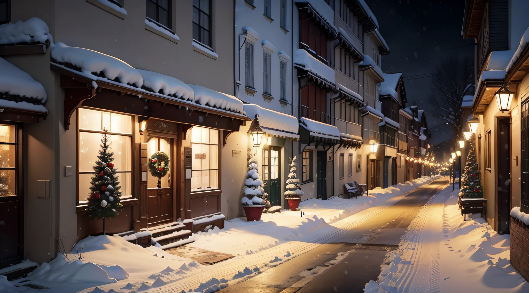 Christmas atmosphere, the street,Efeito de Luz, snowflakes falling,