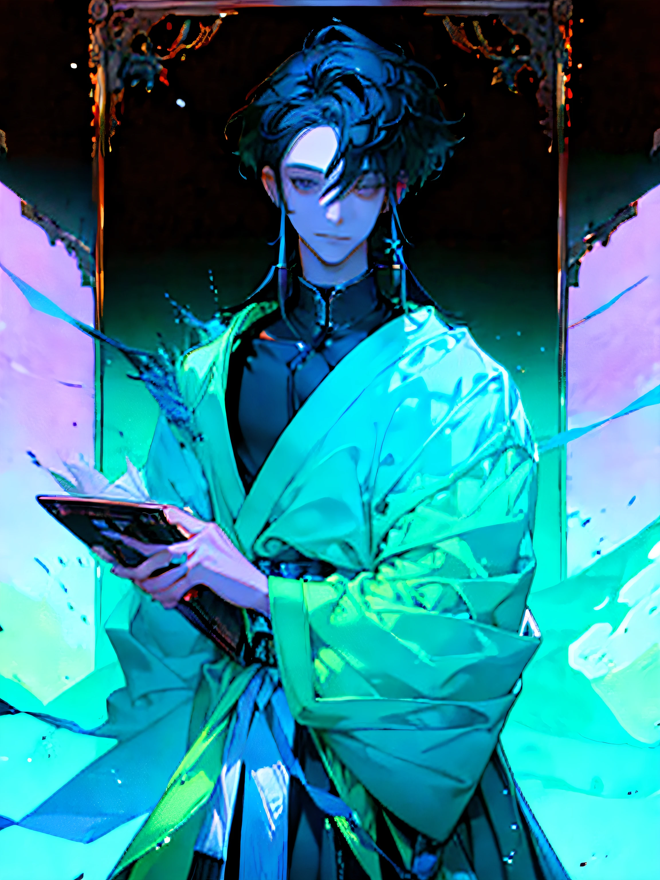 High-quality diagrams,A ager,Tall guy,Black pick dye semi-long hair。Handsome,Standing with a bag in one hand,The other hand is placed on the chin,Gradient hair color,Gradient black-blue hair,Crystal-like hair,The inside is dyed blue,Black hair on the outside,Handsome boy,Long black hair, blue hair at the end of the hair, Dyeing