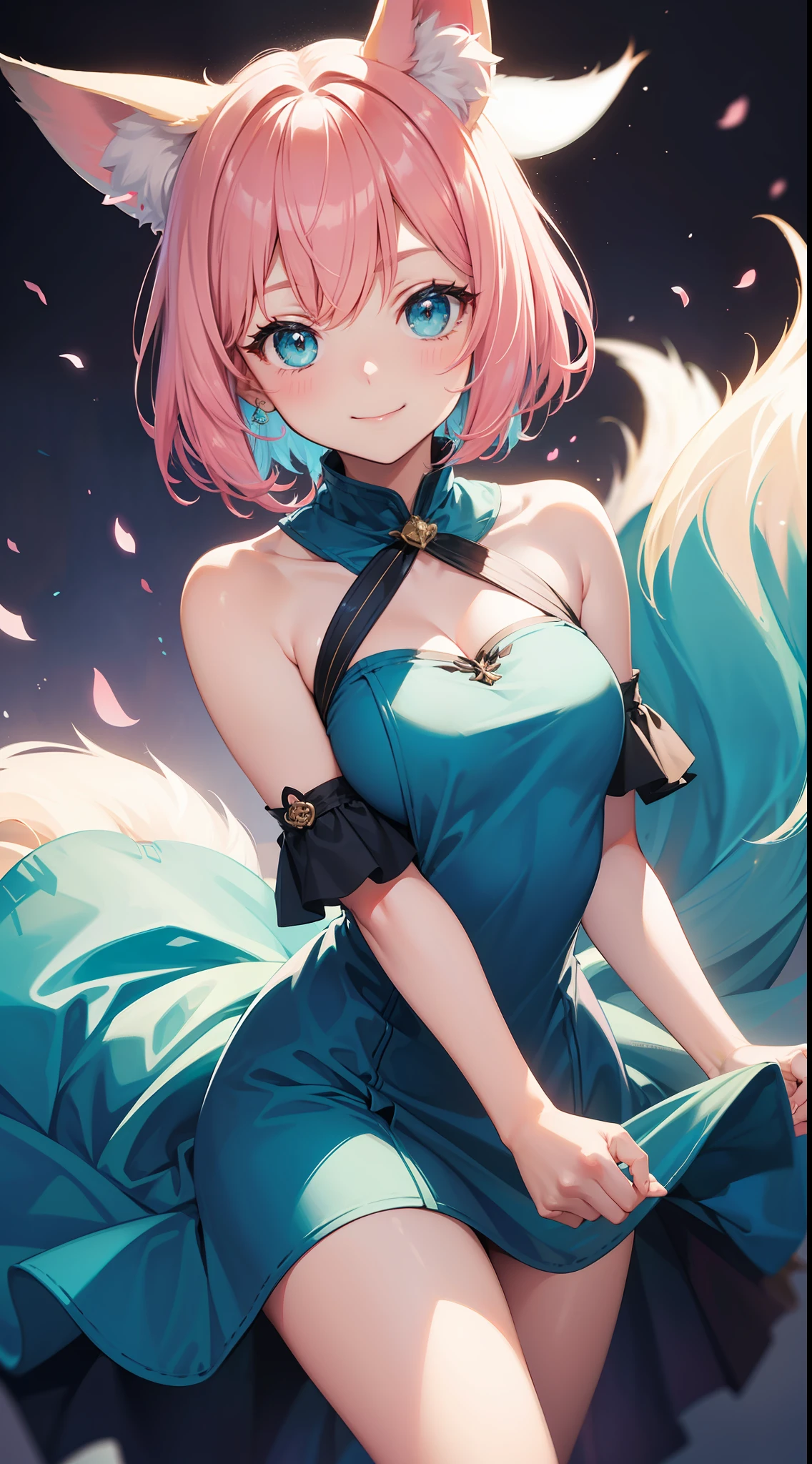 Adult woman, short pink hair, Fox ears, Cyan eyes, Fox tails, form fitting dress, open shoulders, ssmile, Masterpiece, hiquality