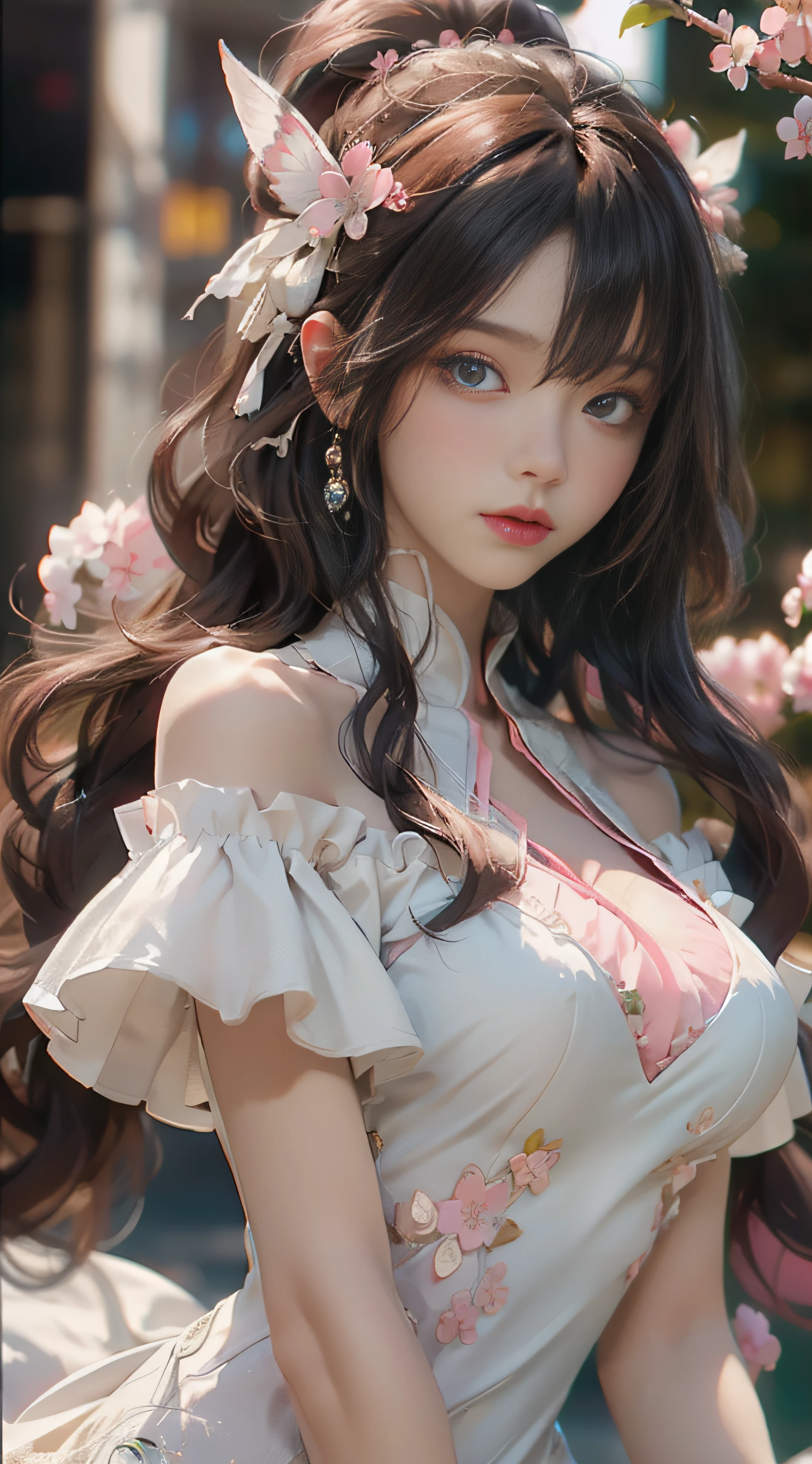 ((best qualtiy)), ((tmasterpiece)), (detail:1.4), Beautiful cyberpunk female images,hdr(HighDynamicRange),Ray traching,NVIDIA RTX,Hyper-Resolution,illusory 5,sub surface scattering,PBR textures,post-proces,Anisotropy Filtering,depth of fields,maximum definition and sharpness,Many-Layer Textures,Albedo e mapas Speculares,Surface coloring,Mitsu-Accurate simulation of material interactions,perfectly proportioned,rendering by octane,Two-colored light,largeaperture,Low ISO,White balance,Rule three points、8K raw data、Beautiful bright blue pupils,off-the-shoulder clothes,Fine pupils,Delicate face and eyes,long eyelasher,Blushlush,Delicate and fluffy hair,pink lip,Pure,Cute face,Sweet girl,Artistic sense,Casual wear,Advancedsense,butterflys,Cherry blossom petal,Beautiful hair accessories,Long hair and waist,Hair fluttering in the wind,wedding gown,curlies