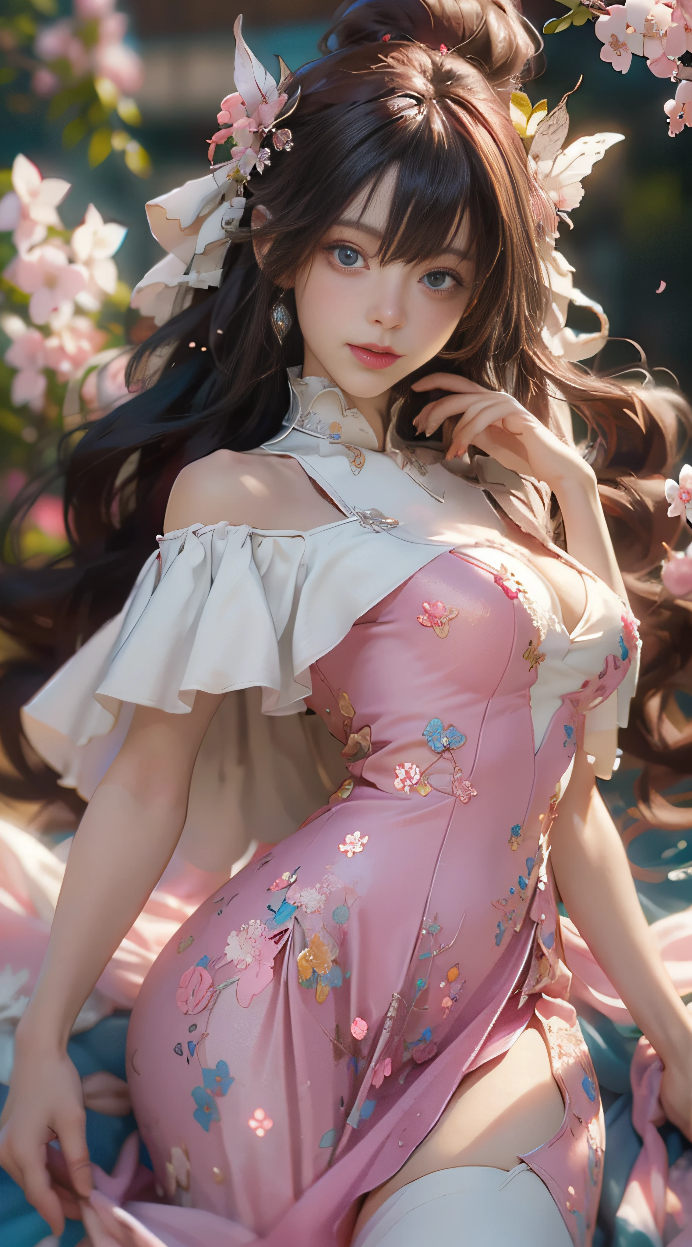 （（best qualtiy））， （（tmasterpiece））， （detail：1.4）， Beautiful cyberpunk female images，hdr（HighDynamicRange），Ray traching，NVIDIA RTX，Hyper-Resolution，illusory 5，sub surface scattering，PBR textures，post-proces，Anisotropy Filtering，depth of fields，maximum definition and sharpness，Many-Layer Textures，Albedo e mapas Speculares，Surface coloring，Mitsu-Accurate simulation of material interactions，perfectly proportioned，rendering by octane，Two-colored light，largeaperture，Low ISO，White balance，Rule three points、8K raw data、Beautiful bright blue pupils，off-the-shoulder clothes，Fine pupils，Delicate face and eyes，long eyelasher，Blushlush，Delicate and fluffy hair，pink lip，Pure，Cute face，Sweet girl，Artistic sense，Casual wear，Advancedsense，butterflys，Cherry blossom petal，Beautiful hair accessories，Long hair and waist，Hair fluttering in the wind，wedding gown，curlies