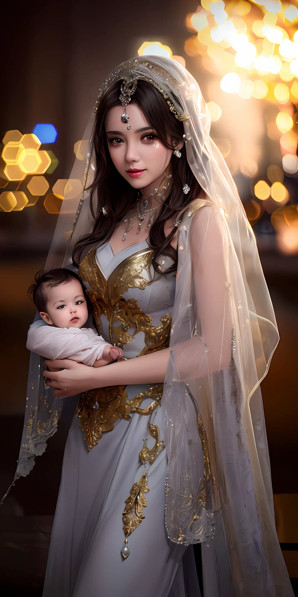 melhor qualidade, obra-prima, 1girl, a woman with a veil on her head, Holding a baby, olhar singelo, olhar materno, envelope_Corpo, efeito tyndall, fotorrealista, studio dark, Rim lighting, dual-tone lighting, (pele altamente detalhada: 1.2), 8k UHD, DSLR, soft-lighting, alta qualidade, volumeric lighting, spontaneous, fotografia, alta resolução, 4k, 8k, Bokeh