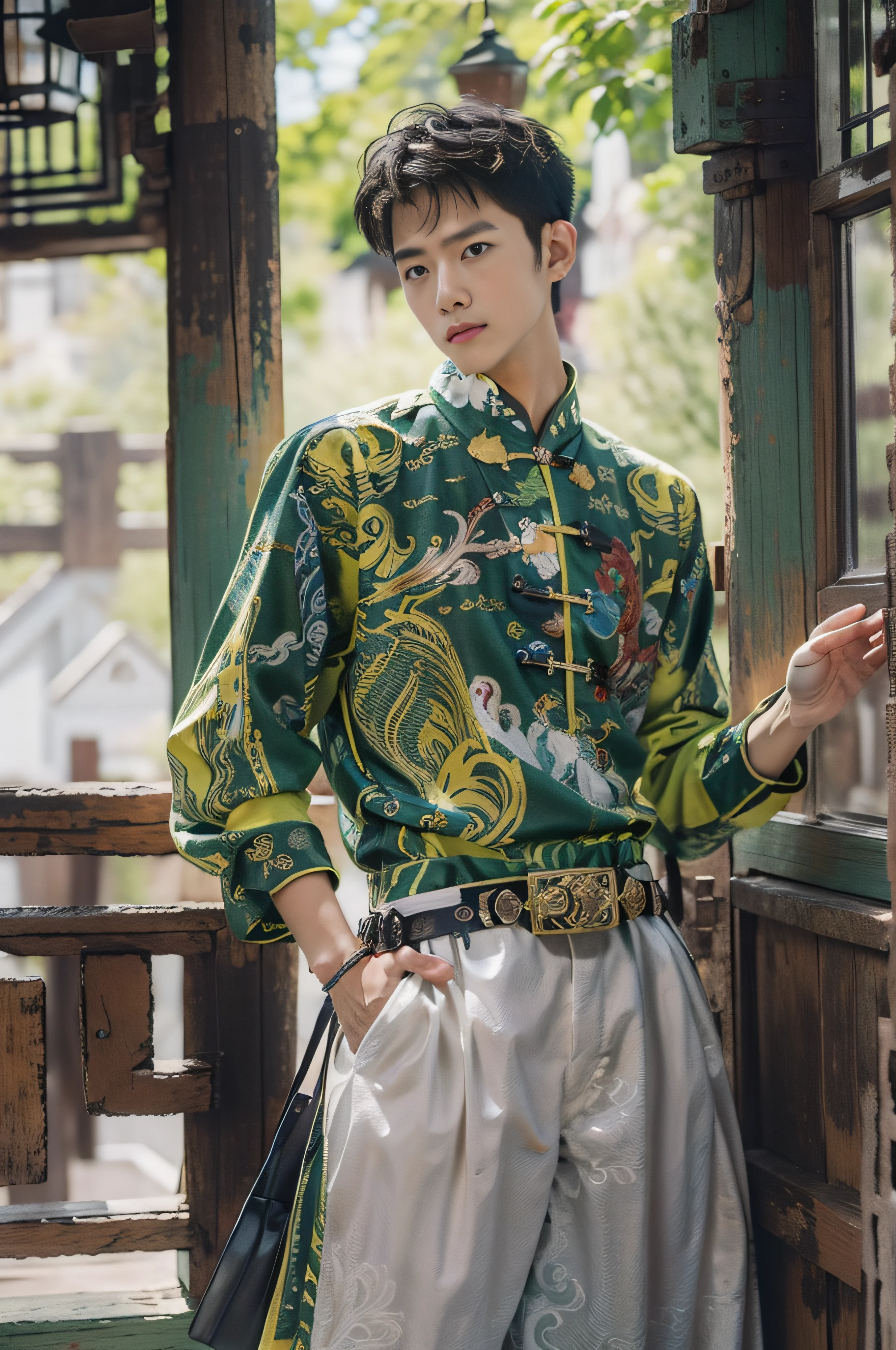 Cowboy shot, Male,Handsome,monochrome photography, Handsome boy, Short hair, Black hair, black/Blue/Green/Yellow/Red/White printed Chinese shirt, Long sleeves, belt, black/Blue/Green/Yellow/Red/White printed Chinese maxi dress,  Dynamic pose, view the viewer, Boots, full bodyesbian,Ear doors, chinese style countryard,