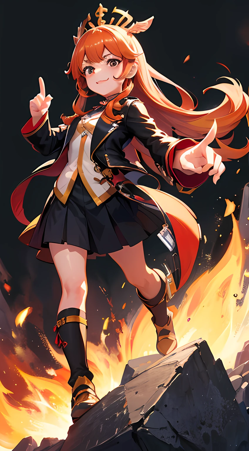 (masterpiece: 1.2, best quality: 1.2, beautiful, high quality, highres: 1.1, aesthetic), detailed, extremely detailed, 4K, perfect eyes, perfect face, perfect hands, angelic face, , looks like a child, wearing the same clothes, long hair, perfect lighting, a girl with long red hair, Ayaka Genshin Impact, Ayaka Game Genshin Impact, dynamic pose, girl with copper hair,  appears as the goddess of fire, she has long orange brown hair, a very beautiful berserker girl, Zenra Taliyah, knights portrait of the girl of the zodiac, she has long redorange hair, brown eyes, black leather jacket, best quality, simple background, girl, scared, (terrified:1.1), expression, whole body, large and expressive eyes, the character must be smiling sweetly,  with flushed cheeks and giving a cute gesture, like raising an index finger in front of the lips, pointing at something, visual anime of a cute girl simple background, full body, cute girl