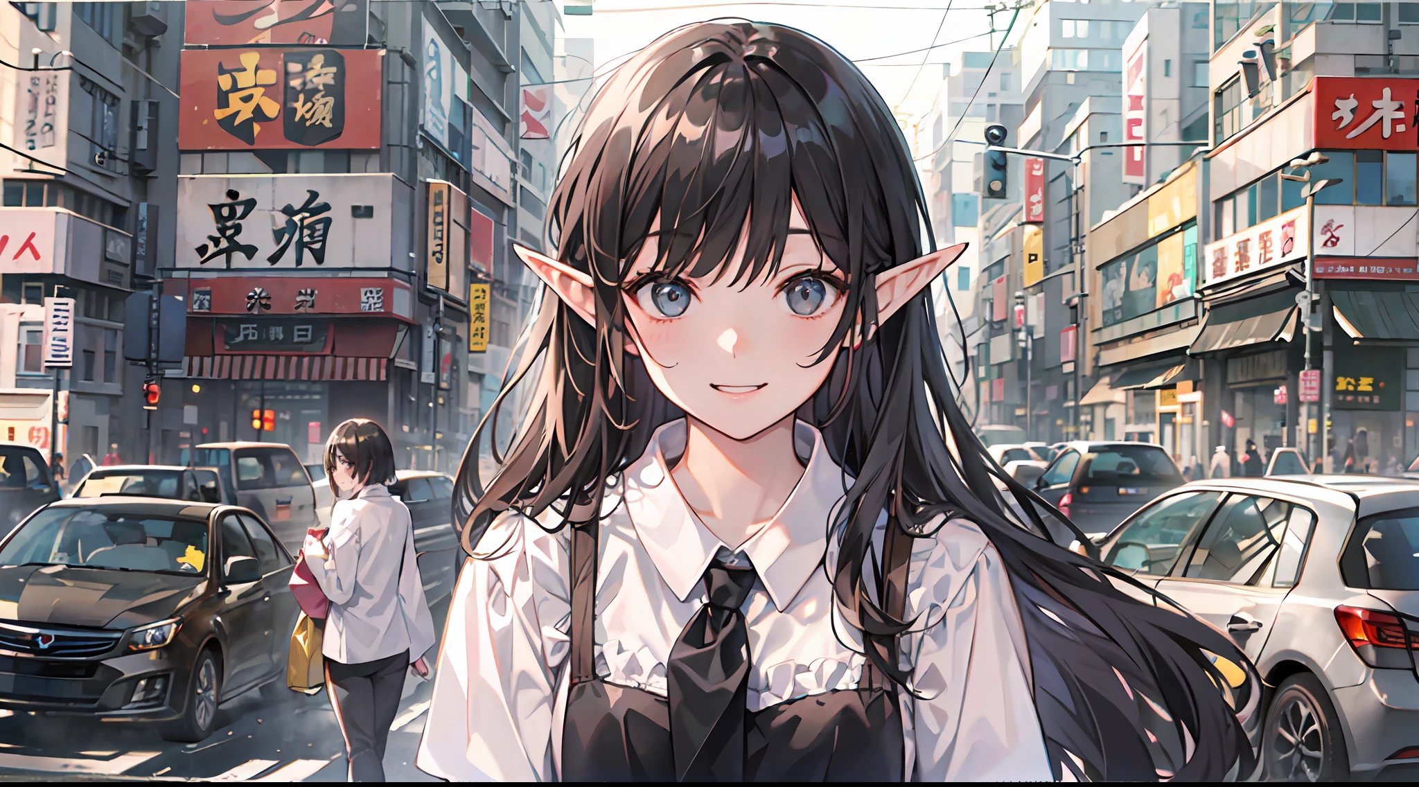 ​masterpiece、A detailed illustration、Detailed illustrations、Female 1、Realistic depiction、Black eyes、Faithful to human anatomy、Young Beautiful Japan Elf、Strong sunshine、((Ruddy cheeks))、A smile、Perspective from the ground、Cinematic lighting、Black straight long hair、dark and clean eyes、Wearing a blouse with a lot of white ruffles、、Long black pants、Thigh Gaps、Walk along the sidewalk of the business district、Realistic office district、Eyes staring at the camera