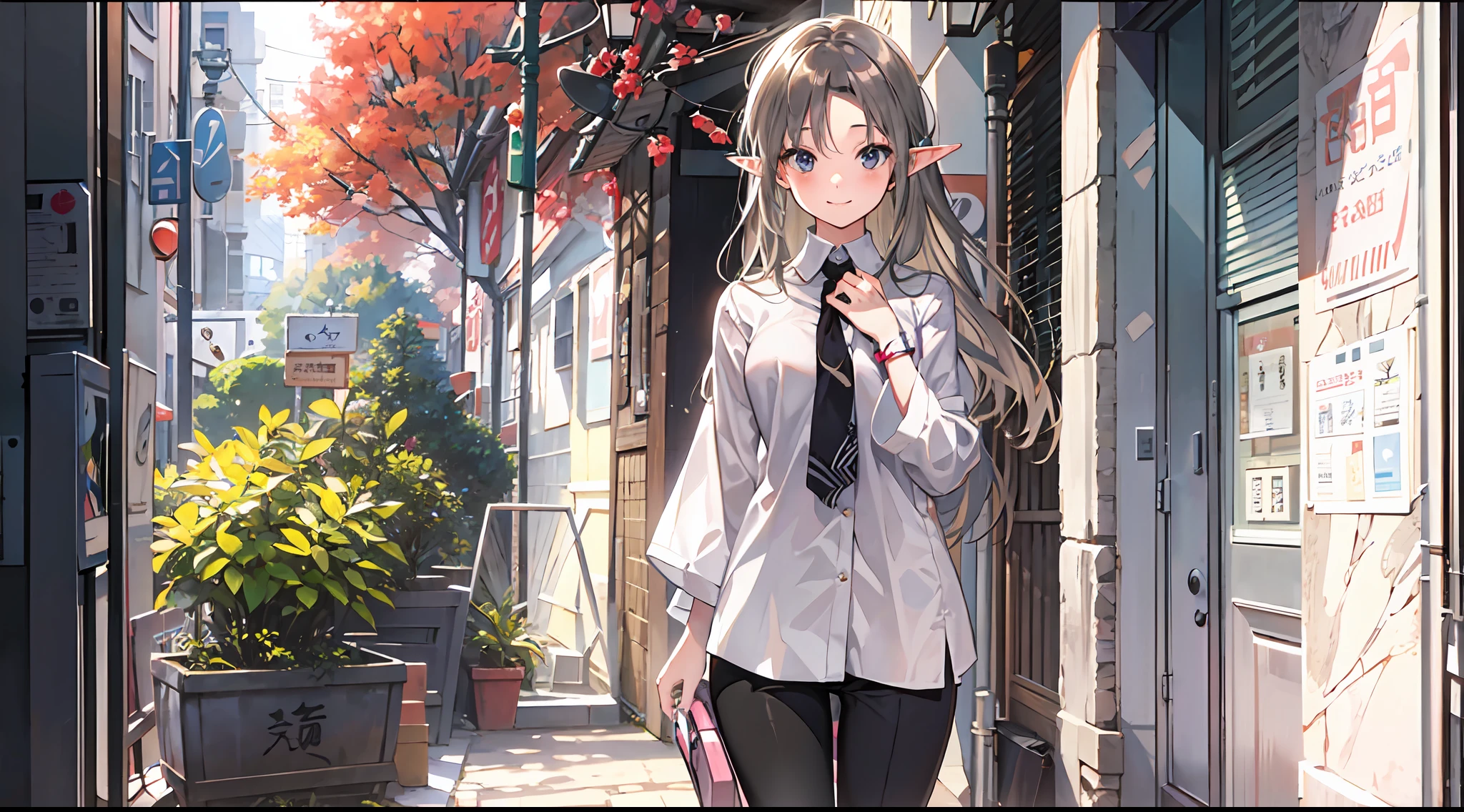 masterpiece、A detailed illustration、Detailed illustrations、Female 1、Realistic depiction、Black eyes、Faithful to human anatomy、Young Beautiful Japan Elf、Strong sunshine、((Ruddy cheeks))、A smile、Perspective from the ground、Cinematic lighting、Black straight long hair、dark and clean eyes、Wearing a blouse with a lot of white ruffles、、Long black pants、Thigh Gaps、Walk along the sidewalk of the business district、Realistic office district、Eyes staring at the camera