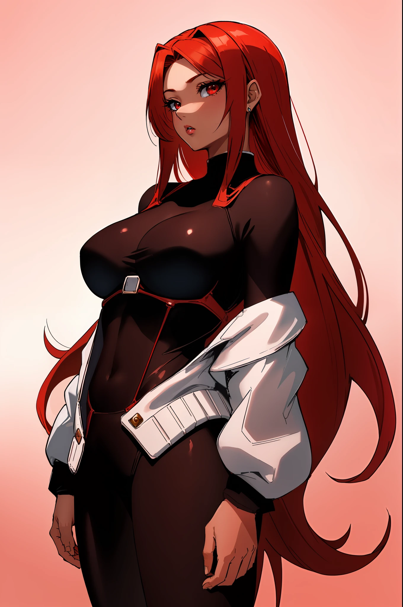 "Captivating red-haired girl with intricate red eyes standing out against a minimalist gradient backdrop. Brown skin."