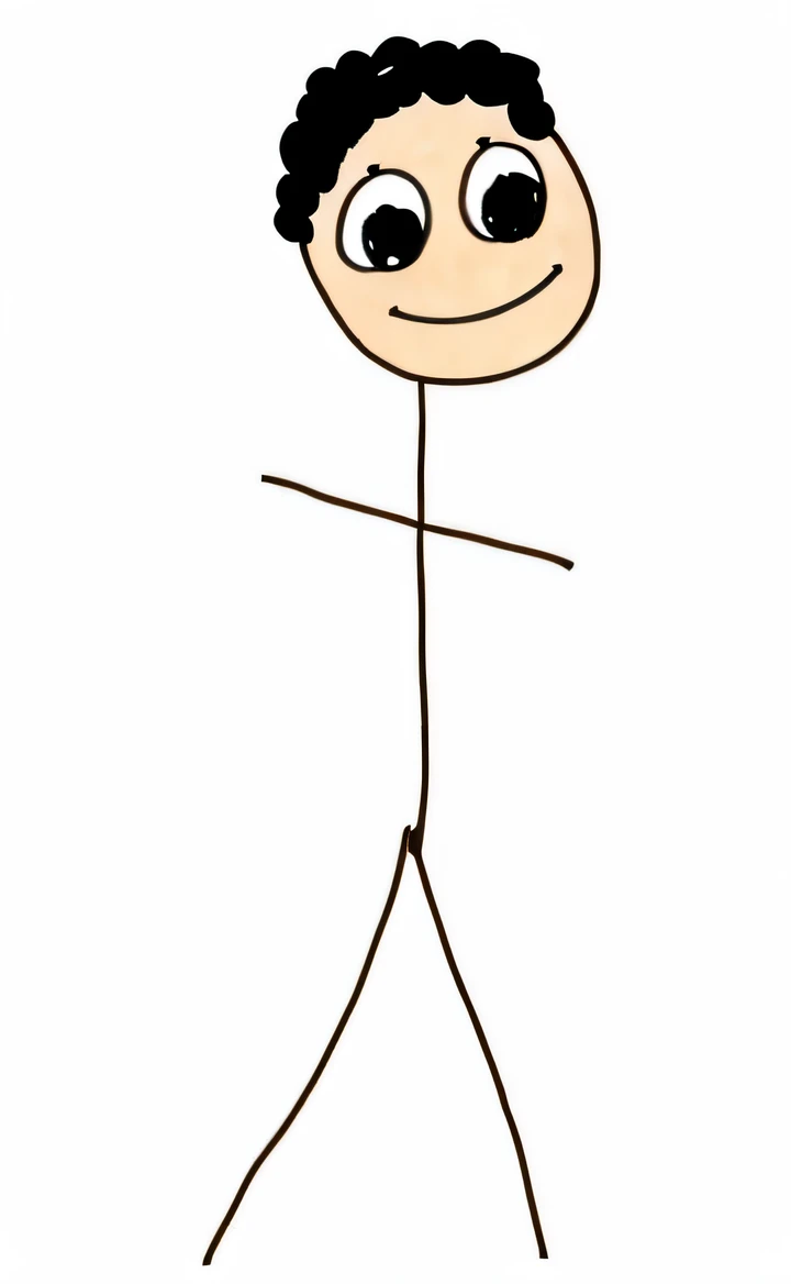 Stick figure style stickman，The smile is bright，Simple cartoonish characters standing，Elongated head shape，Simple painting style，High forehead，Reduction of the whole body，Draw with Photoshop。