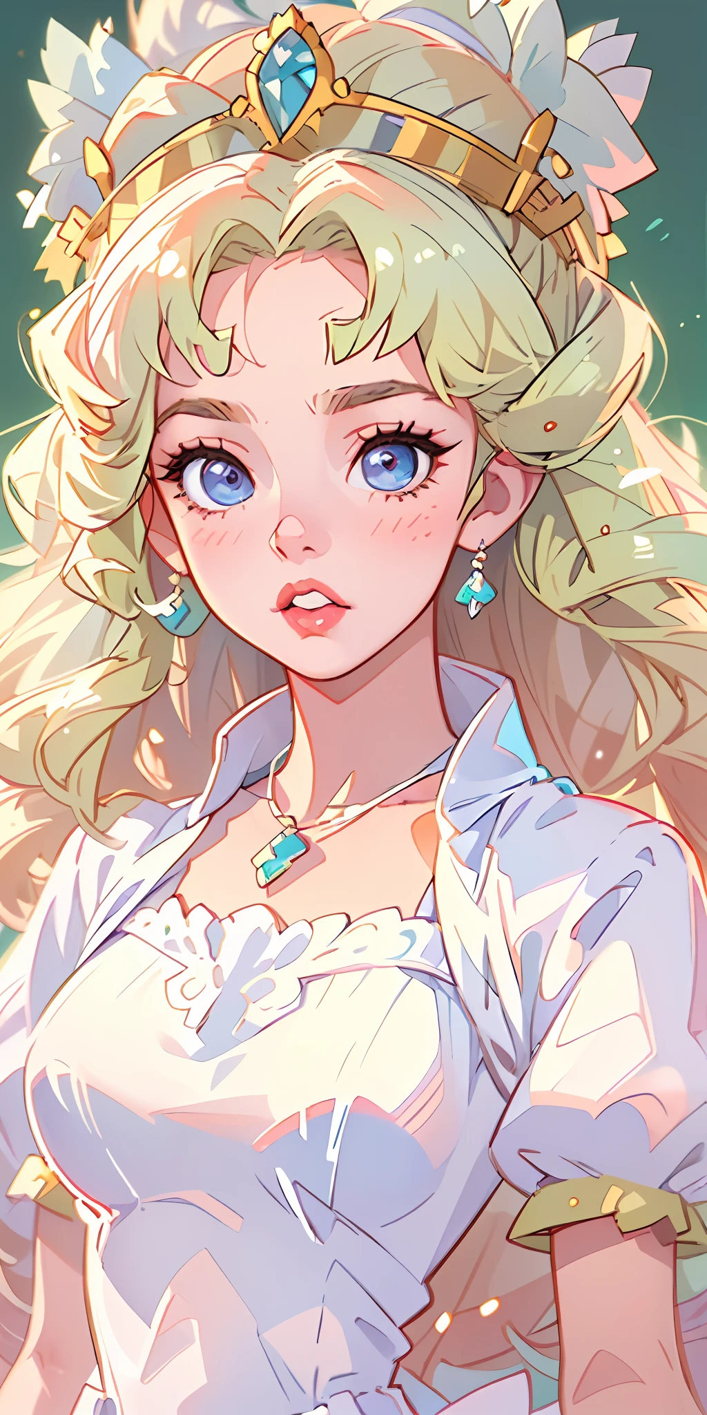 1 Princess,Thick blonde curls,(Gorgeous white dress、tiara crown、jewelry),pretty eyes,Blush,pastelcolor,Retro anime,1990s anime,tmasterpiece,Best quality
