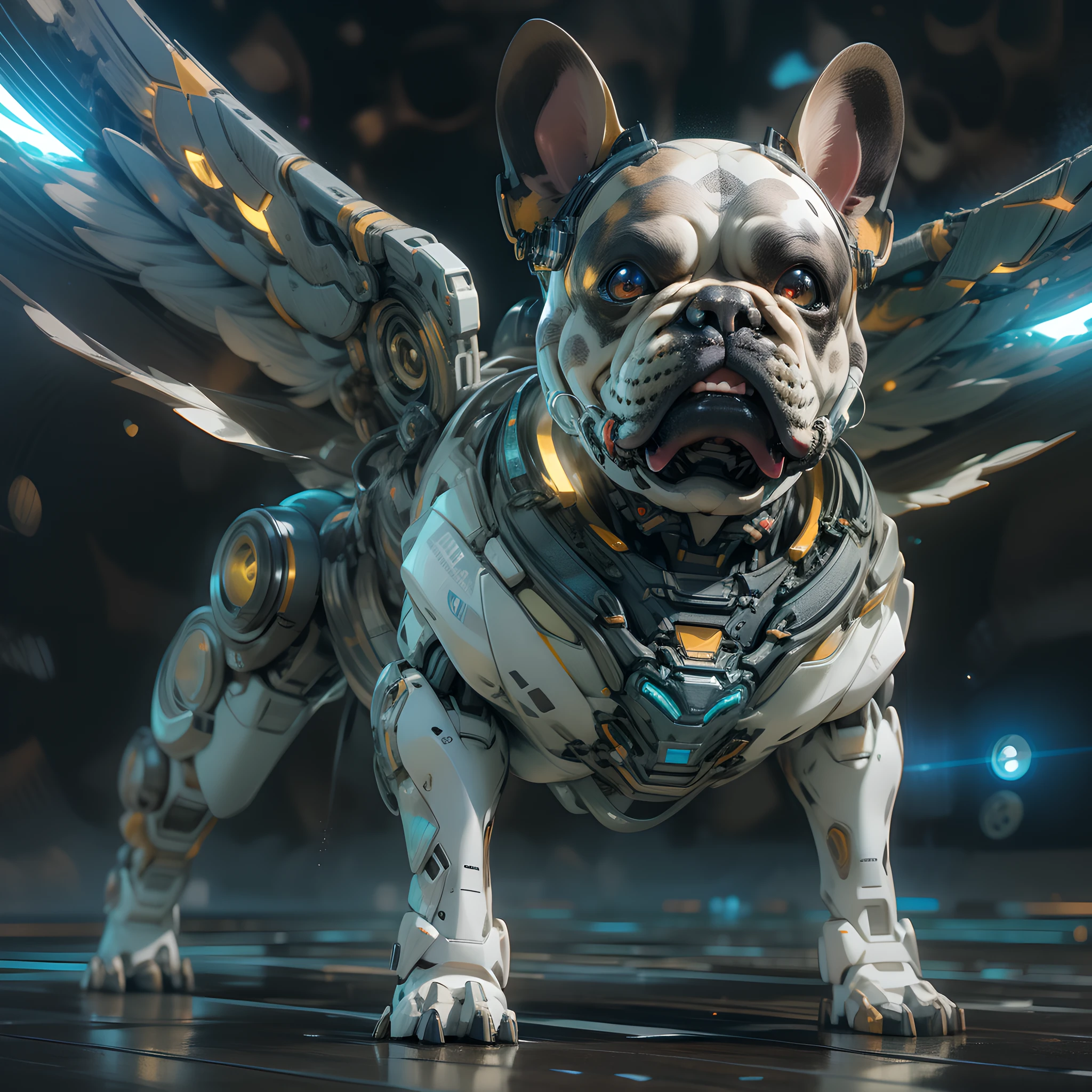 French Bulldog, Full-body robotization, Robot Eagle Wings, LED around the eyes, Black Hole Background, Stereoscopic effect, 3D Lending, (Best Illustration), (super detailed CG), digital painting, Milky Way eyes, ultra-definition, --ios 120, Meticulous expression, HDR, extremely high details, unreal-engine, rich colors, Octane rendering, 8k