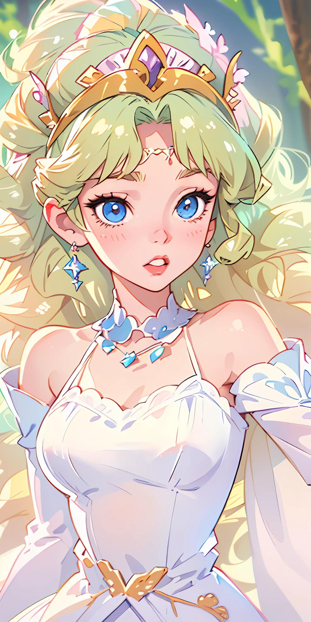 1 Princess,Thick blonde curls,(Gorgeous white dress、tiara crown、jewelry),pretty eyes,Blush,pastelcolor,Retro anime,1990s anime,tmasterpiece,Best quality