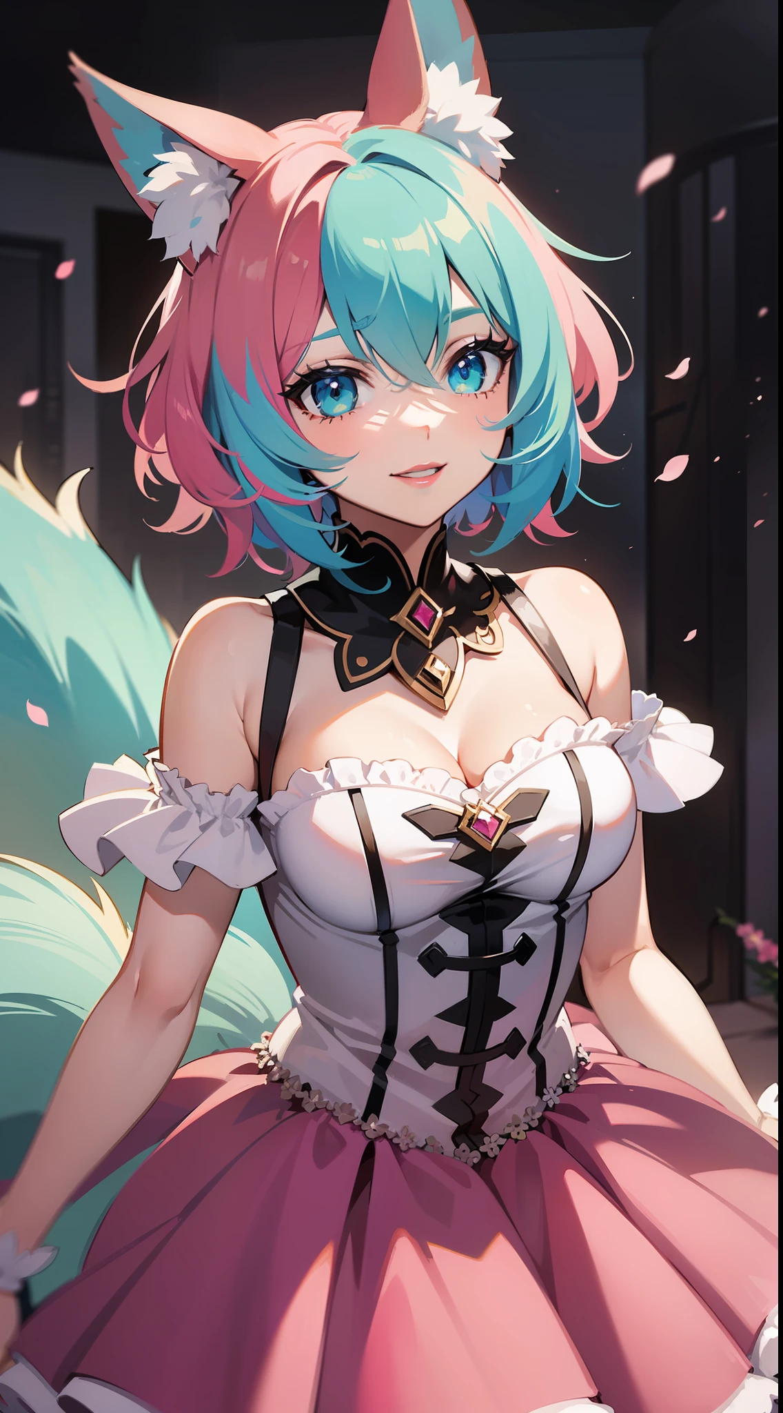 Adult woman, short pink hair, Fox ears, Cyan eyes, Fox tails, form fitting dress, open shoulders, pink lipstick, ssmile, Masterpiece, hiquality