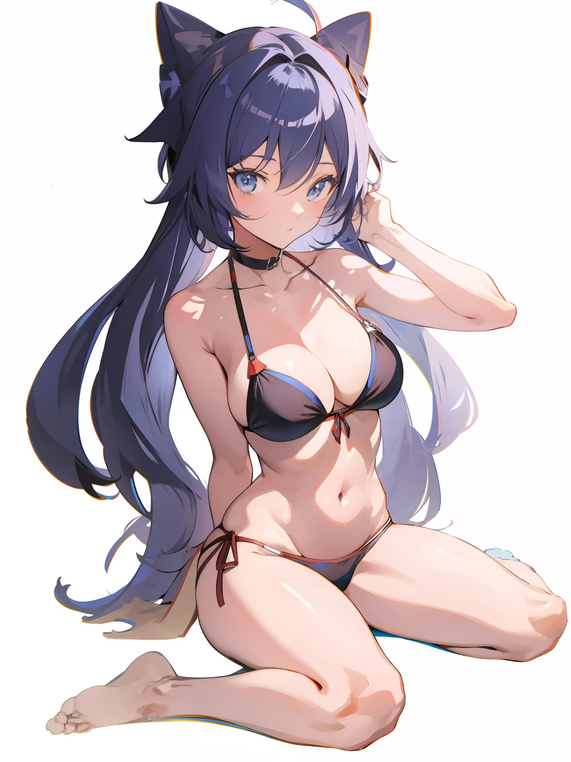 Anime girl sitting on beach in bikini