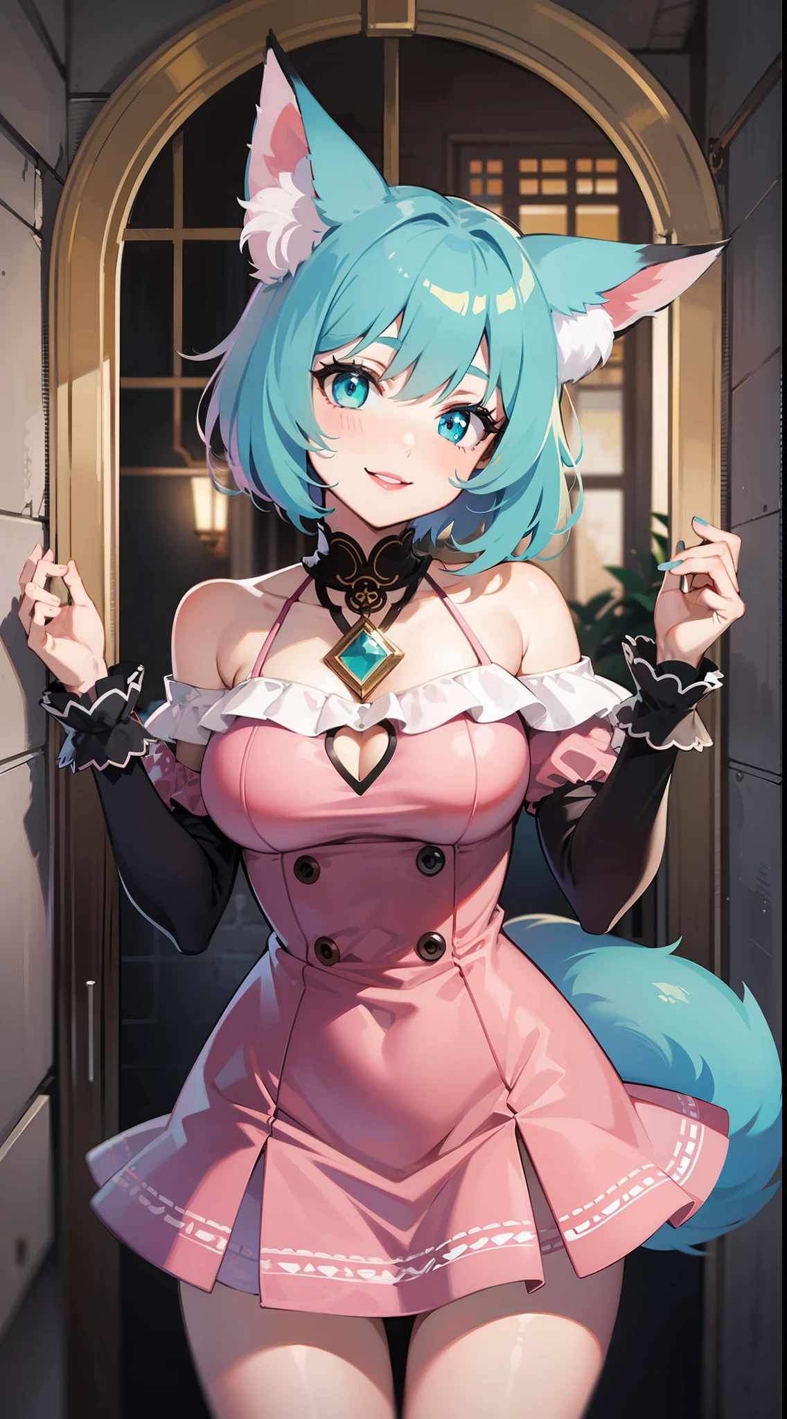 Adult woman, short pink hair, Fox ears, Cyan eyes, Fox tails, form fitting dress, open shoulders, pink lipstick, ssmile, Masterpiece, hiquality