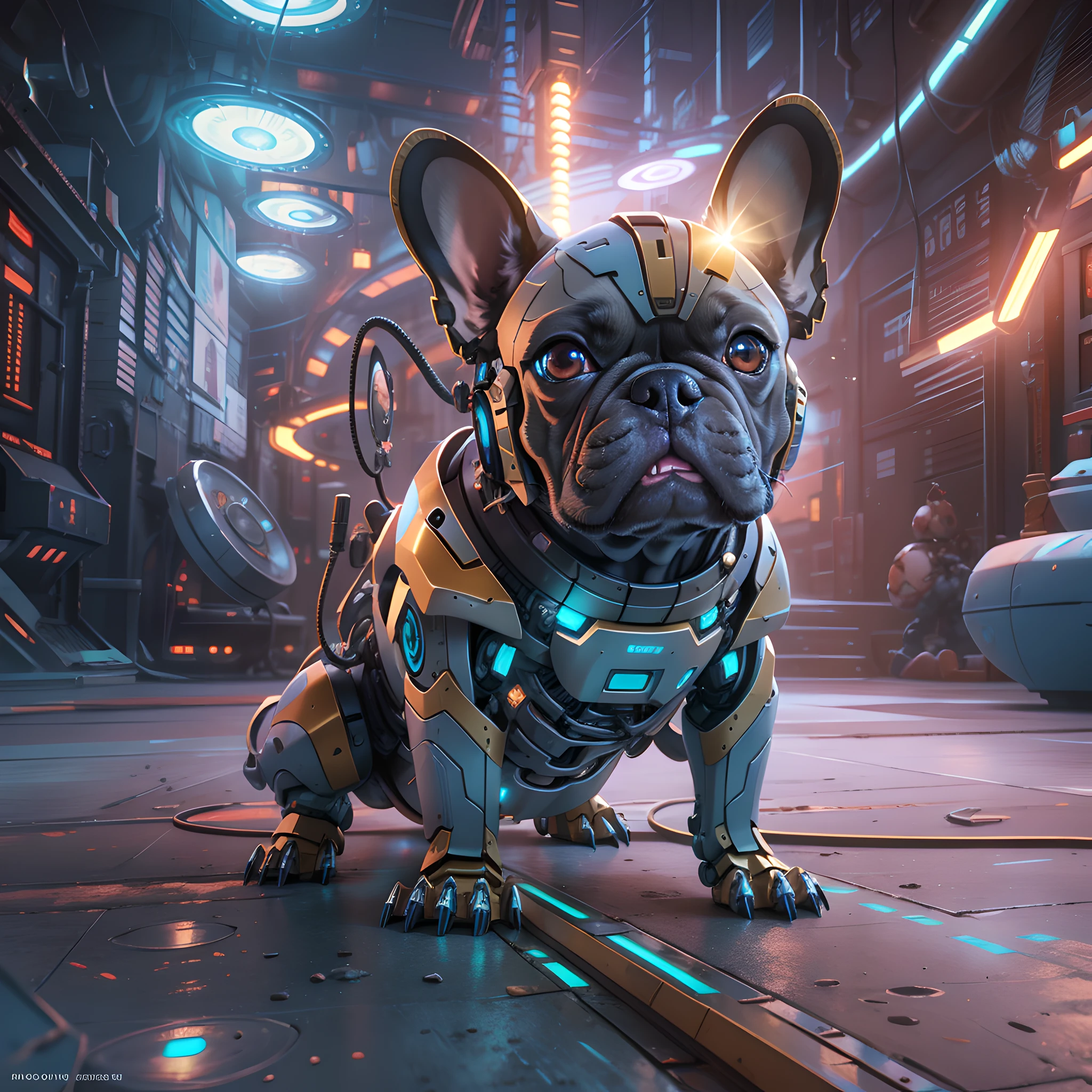 French Bulldog, Robotization of the whole body except for the face, Robot Fiber Optic Blade, LED around the eyes, Clear Mecha planet background, Stereoscopic effect, 3d rendered, (Best Illustration), (super detailed CG), digital painting, Milky Way eyes, ultra-definition, --ios 120, Meticulous expression, HDR, extremely high details, unreal-engine, rich colors, Octane rendering, 8k