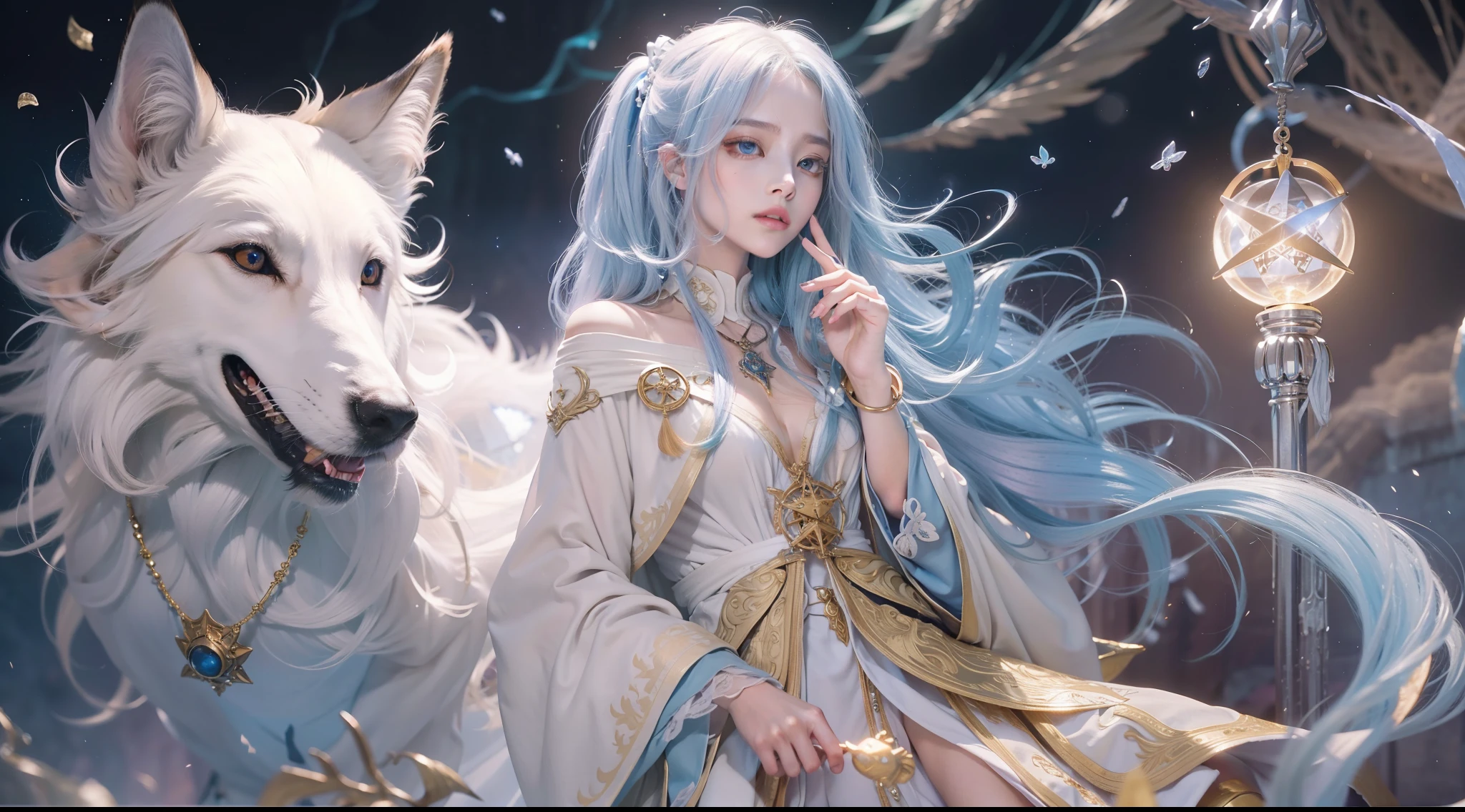 Crystal Castle Sealed in a Book of Magic,Blood,Night, Dark, (Fantasy),infinite,deep blue sky,The abyss of knowledge,Cowledge,((masutepiece)), (((Best Quality))),((Beautiful fine eyes)),(Eye lashes)、Beautiful girl riding a giant white wolf、(女の子1人)、Perfect human body structure、Black hair fluttering in the wind、The long-haired、abyss eyes、glowy skin、oils、small tits、Wizard robes、tattered cloth、Realistic coat、Teenchi、Super delicate CG Unity 32k wallpaper、masterpiece, ((ultra-detailliert)), ((illustratio)),colourfull,wall-paper,The energy,Unknown terror,Incomprehensible,Around the magic,Magical surroundings,magic wands,Boken,Flying pages,Know everything,Predict the future、Get to know the past、Infinite wisdom、blue flames、Warlock、magic circles、Pentagram、Spells、mantra、Singing magic