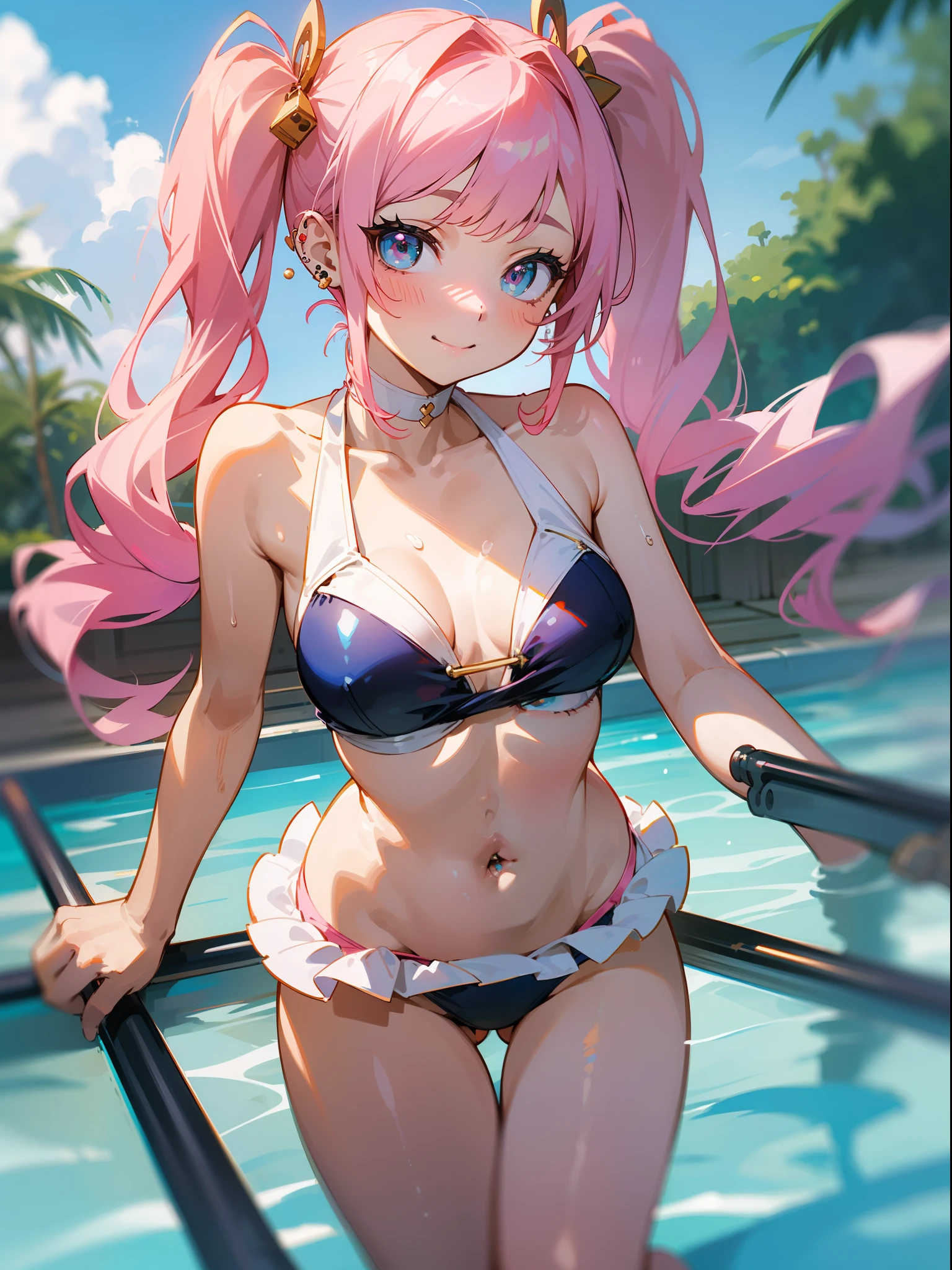 masutepiece, hyper quality, Hyper Detailed, Perfect drawing,Hi-Res、1girll,full body Esbian、ssmile、Loose and fluffy hair、(((drills twintails)))、A pink-haired、Big eyes with double eyelids、lofty nose、blusher(0.2)、small mouth、ear piercings、Swimsuit(Lolita Fashion:0.2)(frilld:1.5)(White pink swimsuit)、Premium Services、Beach、blue-sky、Summer colors、Sunlight、leisure、Resort、amusement park、swimming pools、Shooting from diagonally below, portlate、beatiful backgrounds, meticulous drawing, Accurate drawing、Perfect illustration、Perfect Beautiful Girl、high-class sense
