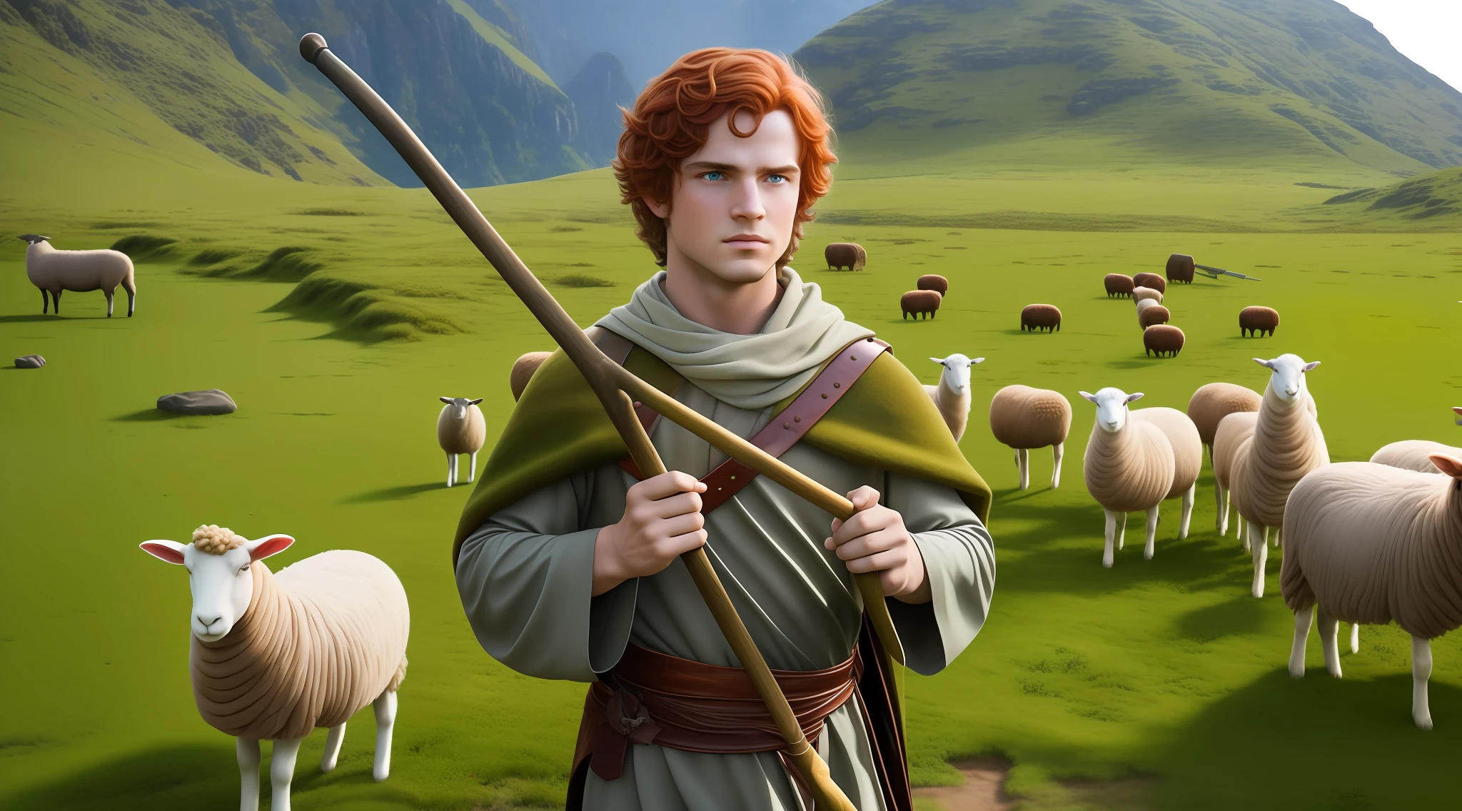 Biblical character, young David, detailed face, red hair, Davi wears a simple moss green tunic with leather details, herding detailed sheeps in a vast green lawn, David holds a wooden staff, hands detailed