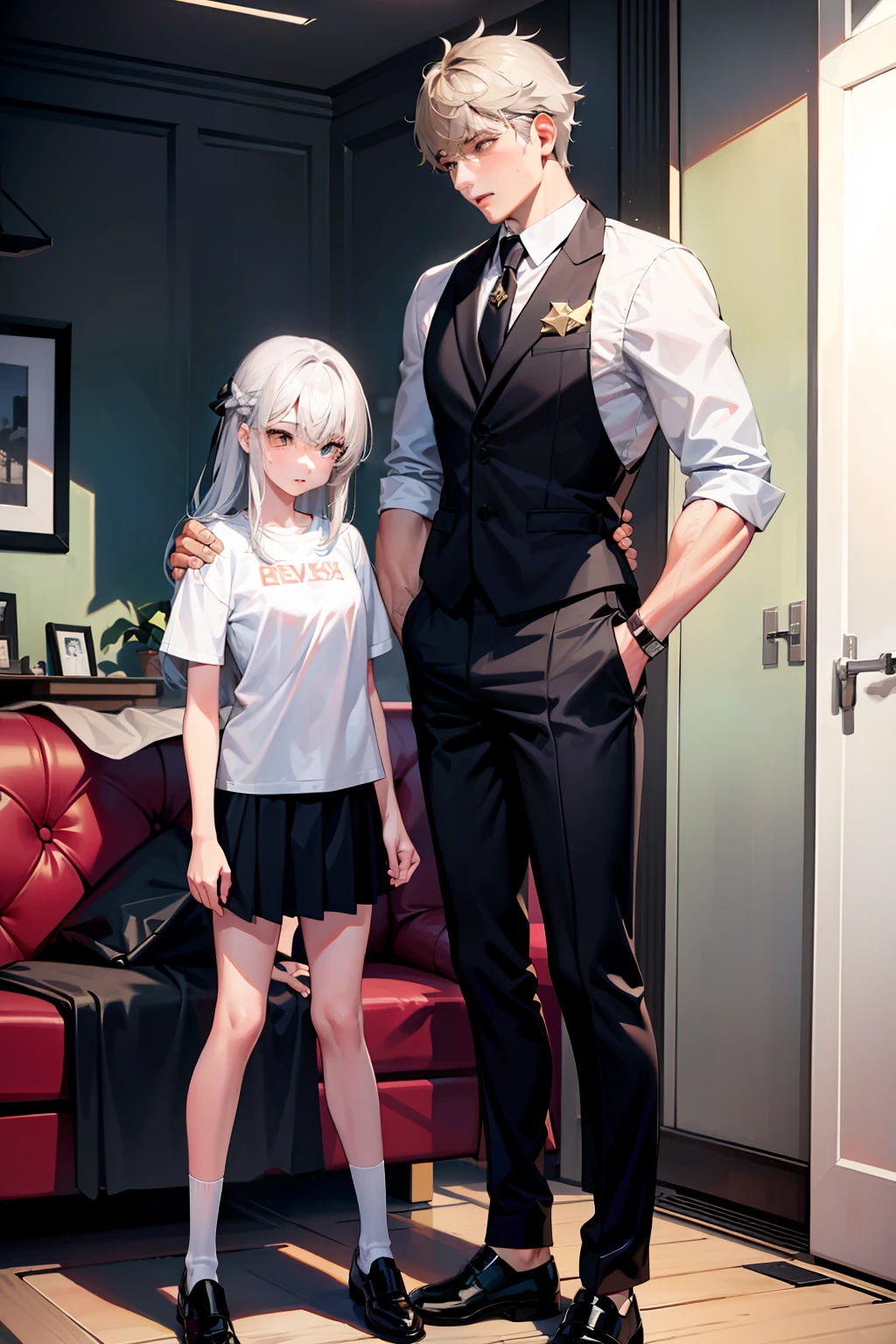 Masterpiece，Best quality，High details，1boys，1girll，Girl with long gray hair，Girl wears white shirt, Pleated skirt, Black mid-tube socks，1boys，（Yellow-haired boy：1.5），Boys have muscles，The boy looked more fierce，The boy is very handsome，The girl is short，The boy is tall，（Reflects the height difference between boys and girls：1.5），（The girl is 150 cm tall：1.5），（The boy is 195 cm tall：1.5），The boy has a face，The boy is the main part of the picture，The girl is skinny，The girl was lovely，（The girl is super short and super small），Boys embrace girls，sitting in the couch