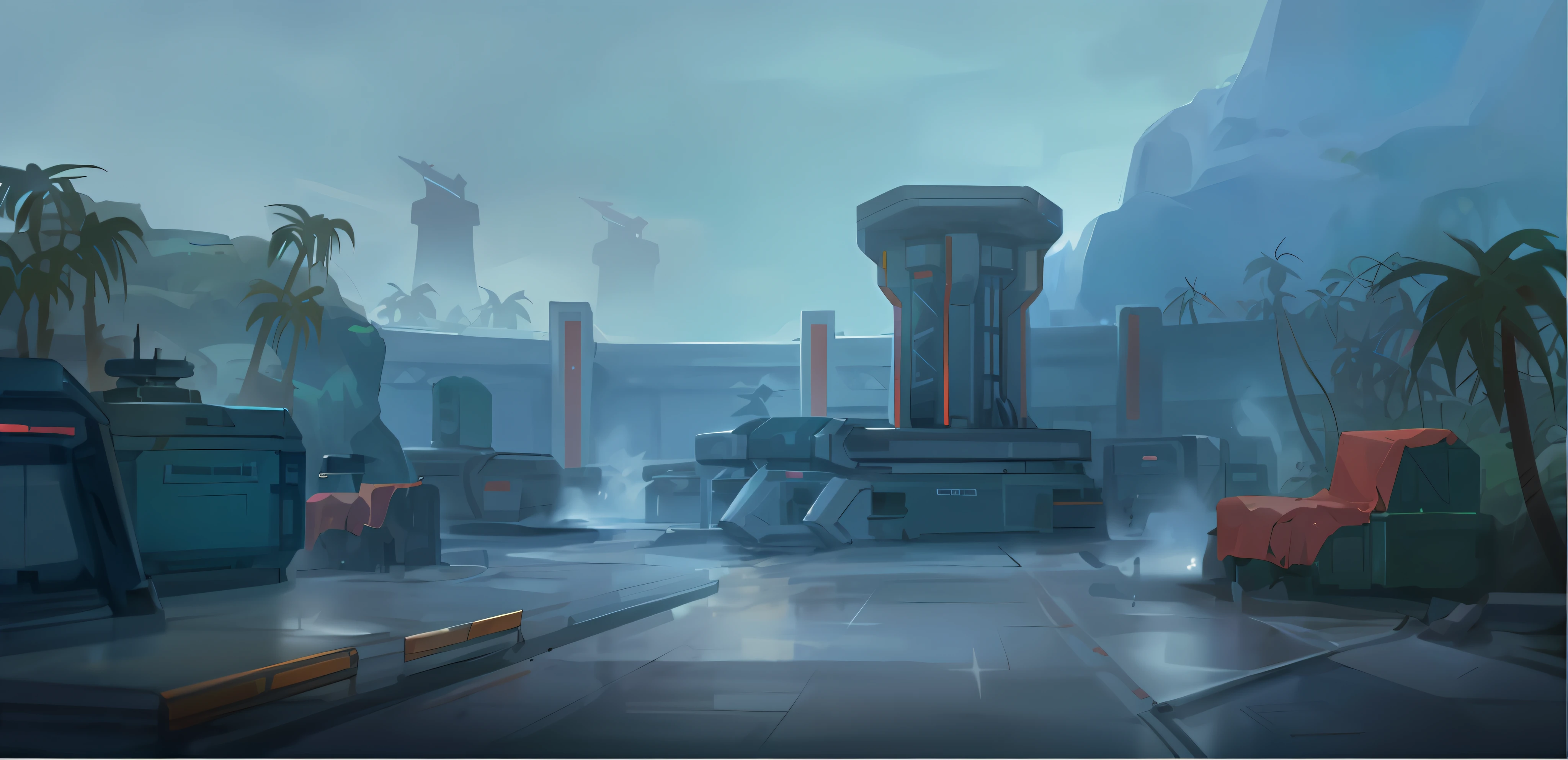 （（（8K，RAW photos，best qualtiy，tmasterpiece：1.4））），超高分辨率，ultra - detailed，illustratio，closeup cleavage，sense of science and technology，mirai、imagining、military base，overwatch style，tropical jungle，Rocks，Add air perspective，Bastion base，lookout tower，Dirt roads，coconut palms，Enhanced atmosphere rendering，Enhance contrast，