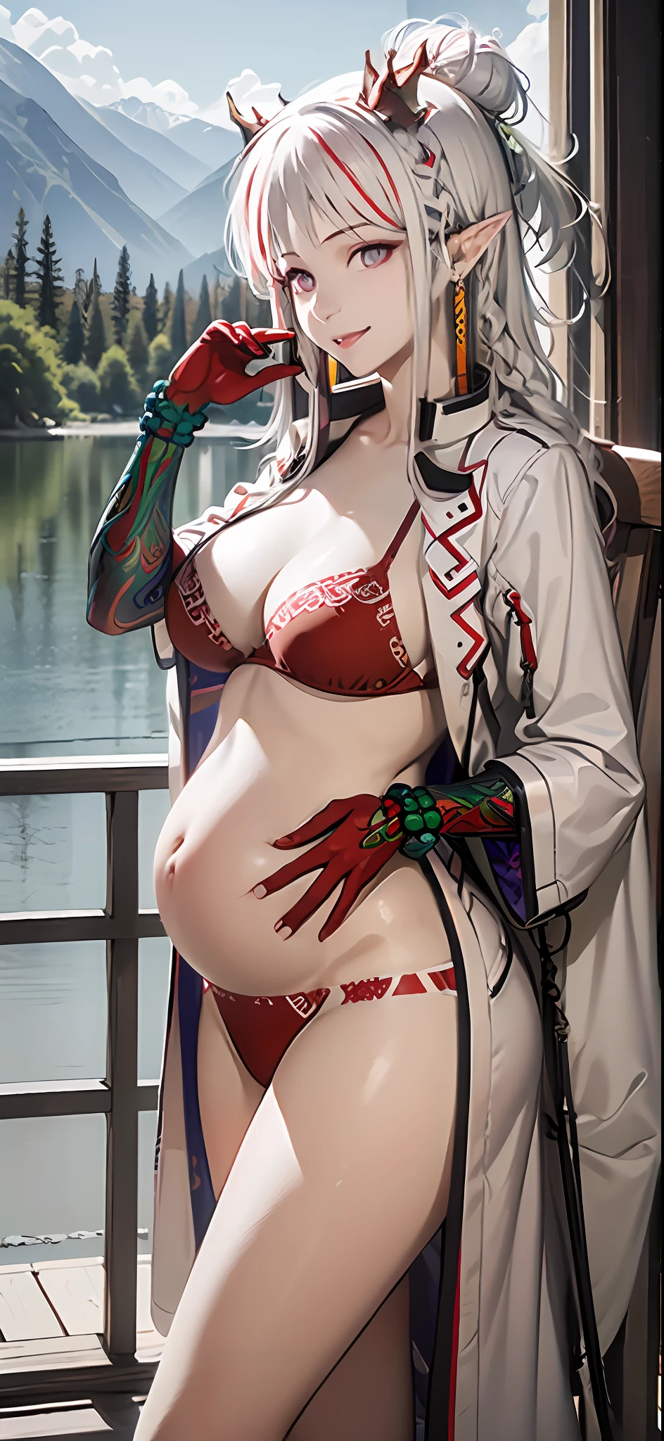 (8K,best qualtiy,tmasterpiece:1.2),(realisticlying,photo-realistic), (1girll), 独奏, huge tit, long whitr hair, sitted, close to viewer, (underdressing, Ming, Tomorrow morning, Erotic lingerie: 1.4), Light smile, (Arm behind your back), Eau, and the sun was shining brightly, (Sakura blossoms), Snowy mountain lake in the background,nabel,Side view,Pregnant women with