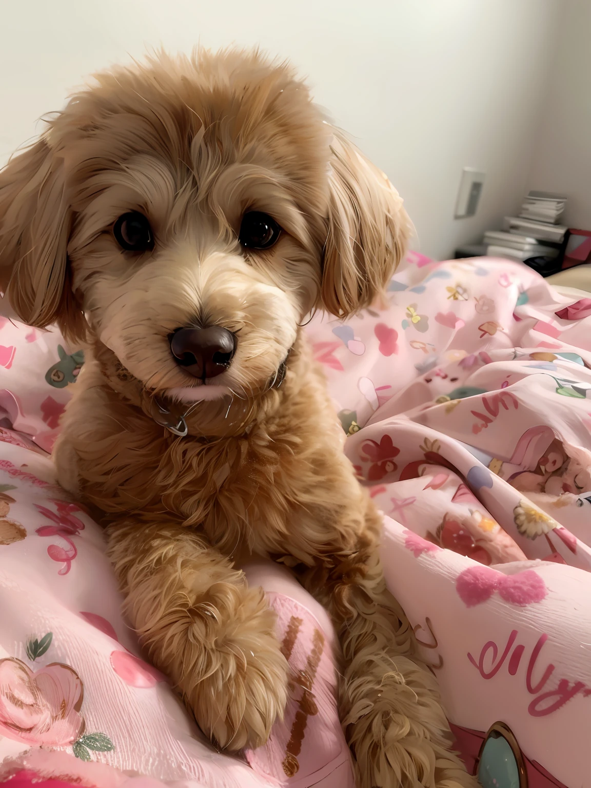 Puppy sitting on bed with pink blanket and teddy bear, sitting on her bed, Sitting on the bed, lying on a fuzzy blanket, sitting on a bed, Bella, looking defiantly at the camera, Cute dog, facing at camera, looking straight to the camera, is looking at the camera, On my bed, poofy, stares at the camera