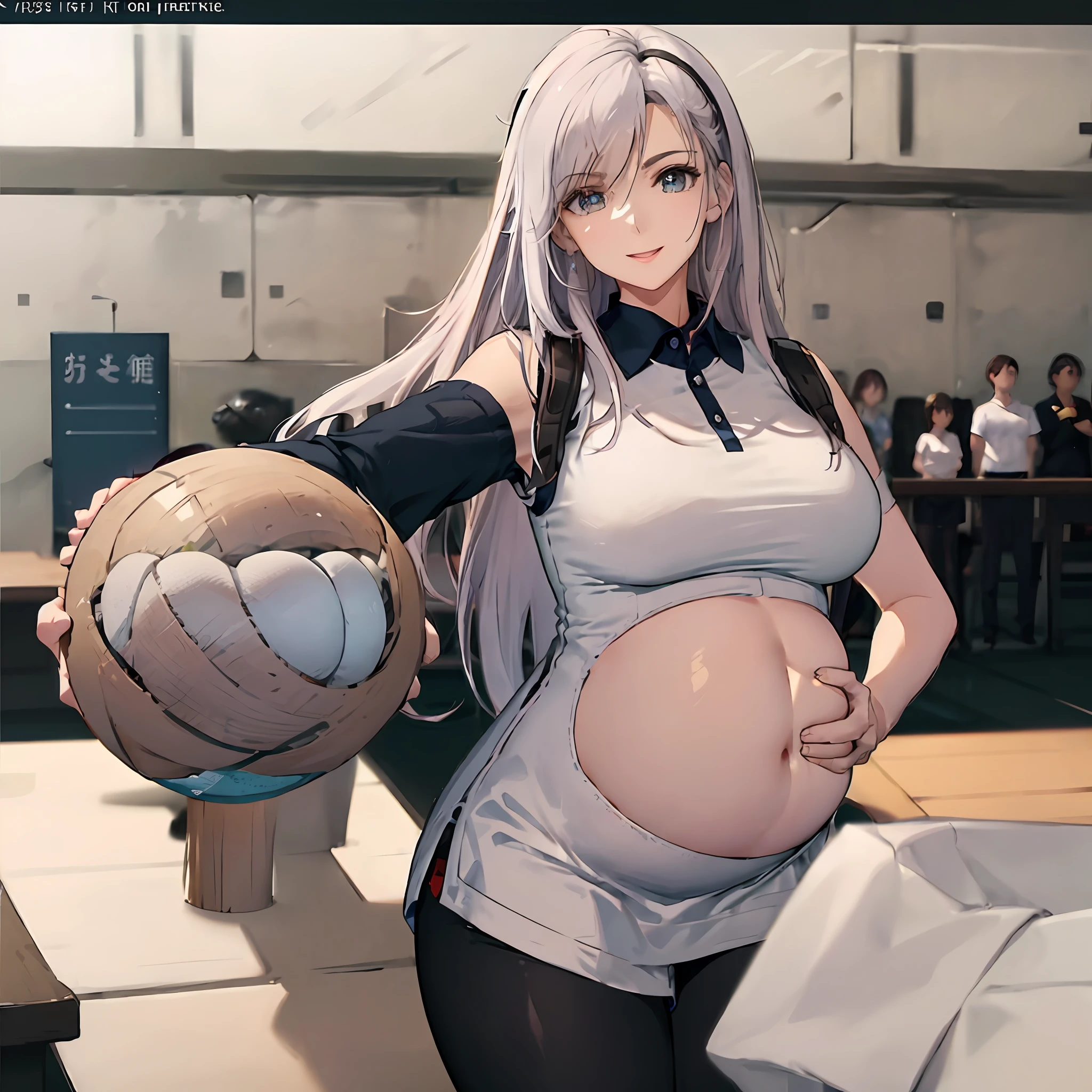 hoang lap、tmasterpiece、Best quality、realisticlying、Hyper-detailing、(Shiny skin,sweat leggs:1.4)、Slim、Look at the audience、1girll、Solo、tennis wear、White polo shirt、White sneakers、white mini-skirt、long whitr hair、silber hair、eBlue eyes、(thick thight:0.5)、动态照明、A high resolution、sharp fokus、depth of fields、Large breasts,Pregnant belly,Pregnant women with,a navel,A pair of hands,ssmile,Eyes are loving,Lines of a tight grid,perfect bodies,Wearing white stockings,Starry sky background