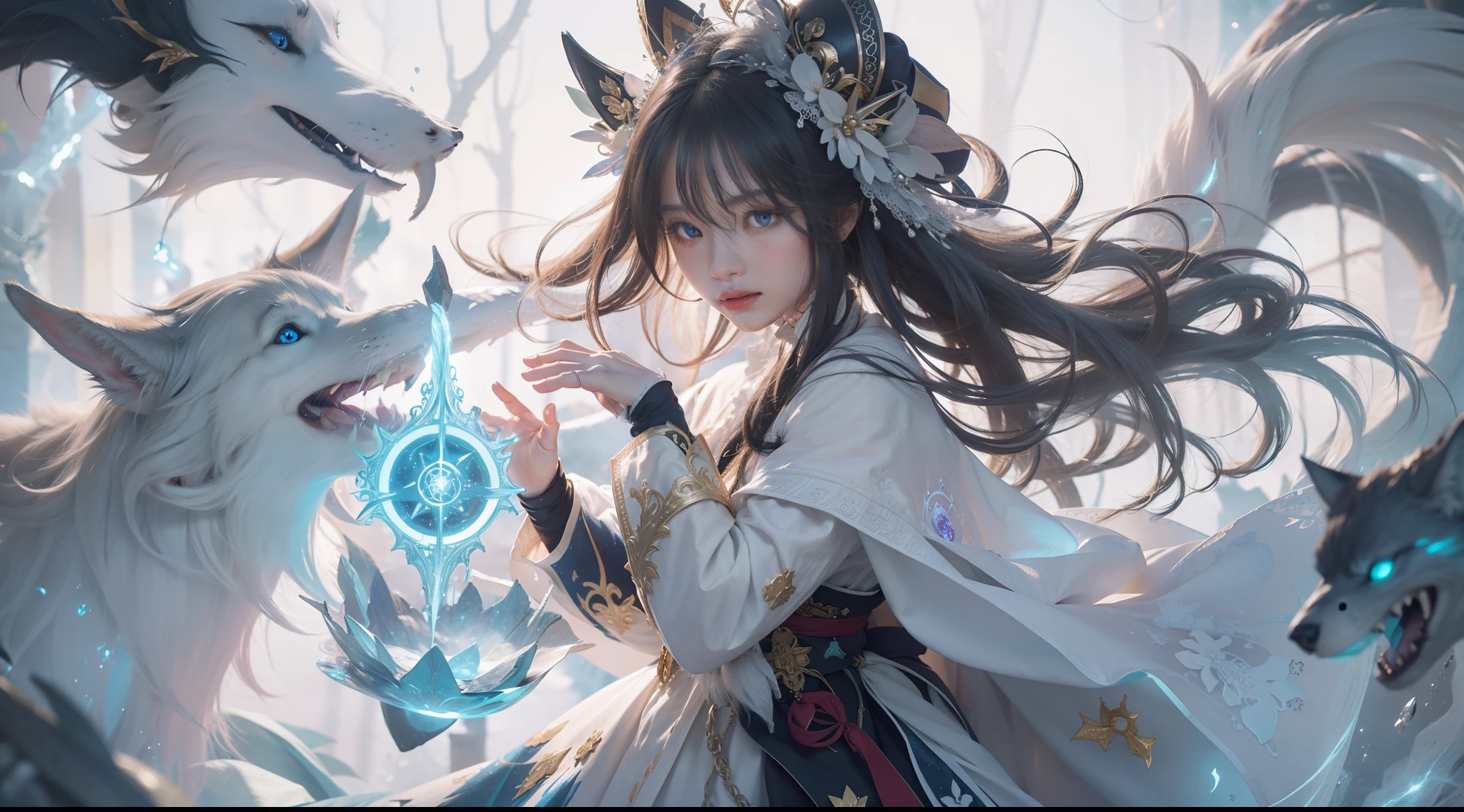 Crystal Castle Sealed in a Book of Magic,Blood,Night, Dark, (Fantasy),infinite,deep blue sky,The abyss of knowledge,Cowledge,((masutepiece)), (((Best Quality))),((Beautiful fine eyes)),(Eye lashes)、Beautiful girl riding a giant white wolf、(女の子1人)、Perfect human body structure、Black hair fluttering in the wind、The long-haired、abyss eyes、glowy skin、oils、small tits、Wizard robes、tattered cloth、Realistic coat、Teenchi、Super delicate CG Unity 32k wallpaper、masterpiece, ((ultra-detailliert)), ((illustratio)),colourfull,wall-paper,The energy,Unknown terror,Incomprehensible,Around the magic,Magical surroundings,magic wands,Boken,Flying pages,Know everything,Predict the future、Get to know the past、Infinite wisdom、blue flames、Warlock、magic circles、Pentagram、Spells、mantra、Singing magic