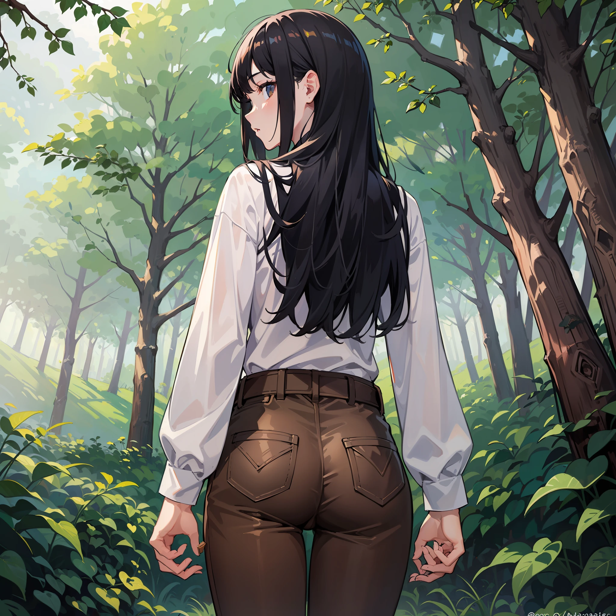 (masterpiece:1.5) (bestquality) highlydetailed ultra-detailed dark solo (1boy) (1girl) (black hair) (bush) (forest) frombehind grass (holding hands:1.2) (long sleeves) malefocus (nature) outdoors pants plant standing tree