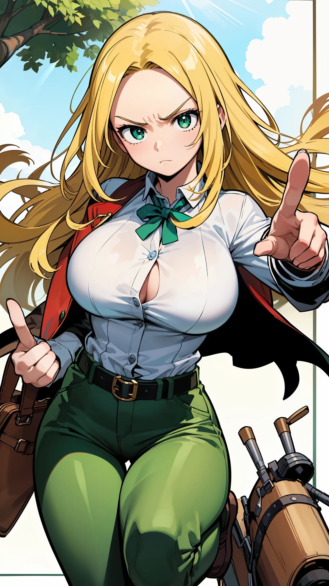 [Grimm], [The_Hunter's_Guild_Red_Hood], ((masterpiece: 1.3)), ((High Res)), ((detailed shading)), ((intricate details)), ((beautiful portrait)), ((1girl)), ((anime)), ((beautiful 2D art)), {(grimm); (long blonde hair), (green eyes), (frown), (massive boobs), (thicc thighs), (detailed leg muscles)} {(red hood on head), (tight white button-up shirt), (tight green pants)}, {(intimidating stance), (dynamic pose)}, [background; (woods), (tall trees), (blue sky), (sun rays through trees)]