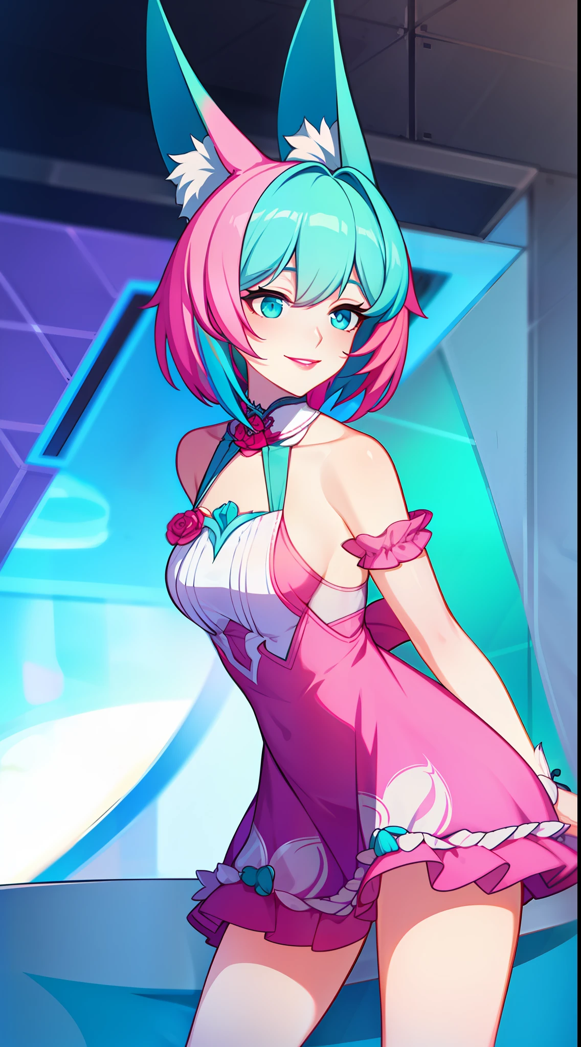 Adult woman, short pink hair, Fox ears, Cyan eyes, Fox tails, form fitting dress, open shoulders, pink lipstick, ssmile, Masterpiece, hiquality
