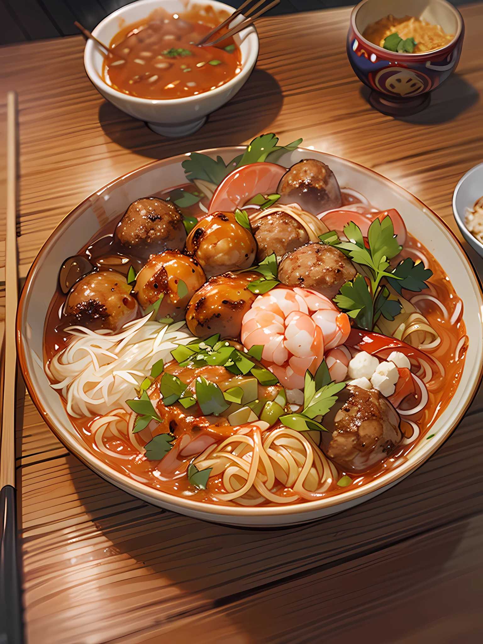 A bowl of chili powder,There are shrimp,There are tofu cubes,coriander,Fish balls,Tofu bubbles,Beef meatballs,shiitake,coriander,Instant noodles,A plate of skewers,A bottle of shochu