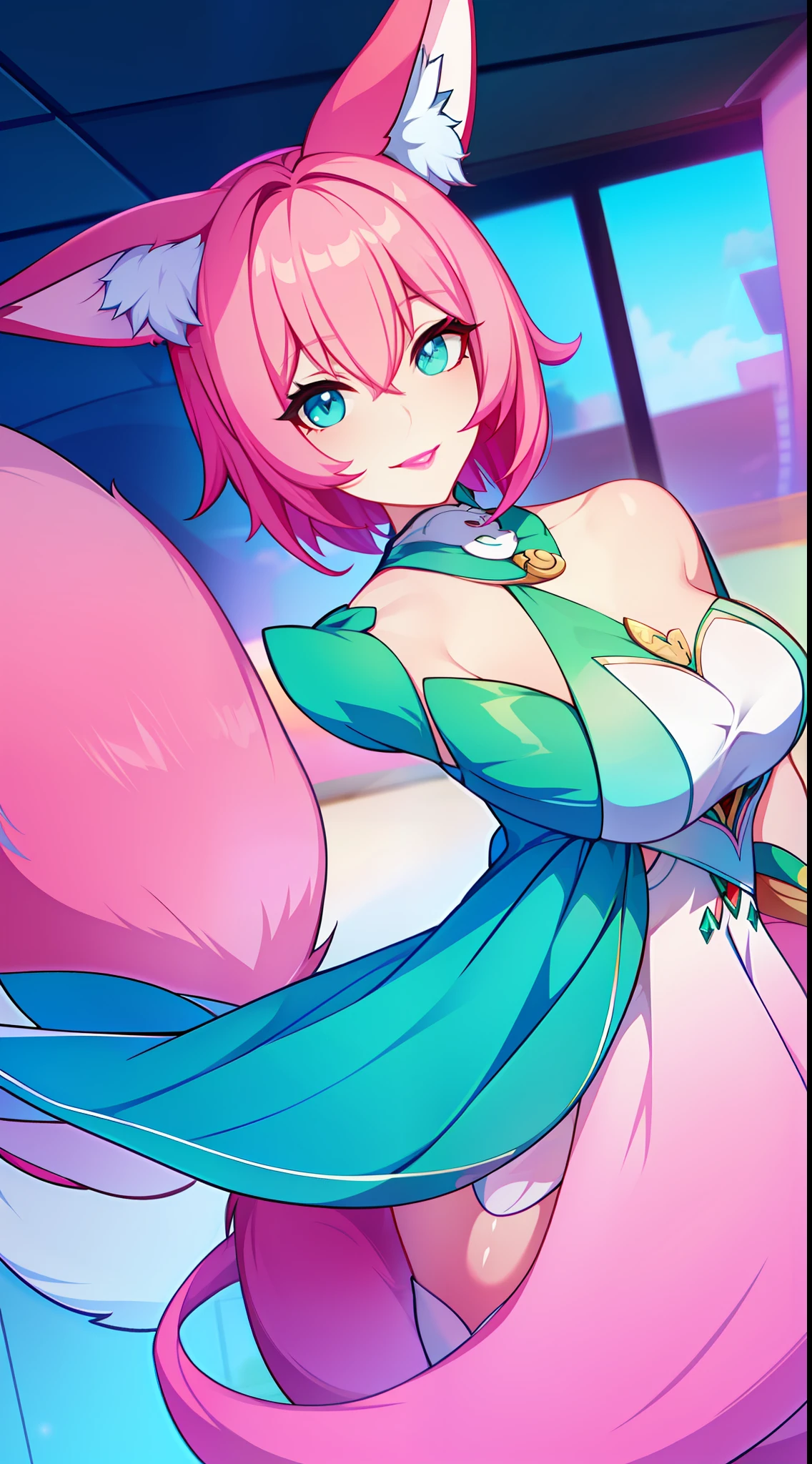 Adult woman, short pink hair, Fox ears, Cyan eyes, Fox tails, form fitting dress, open shoulders, pink lipstick, ssmile, Masterpiece, hiquality