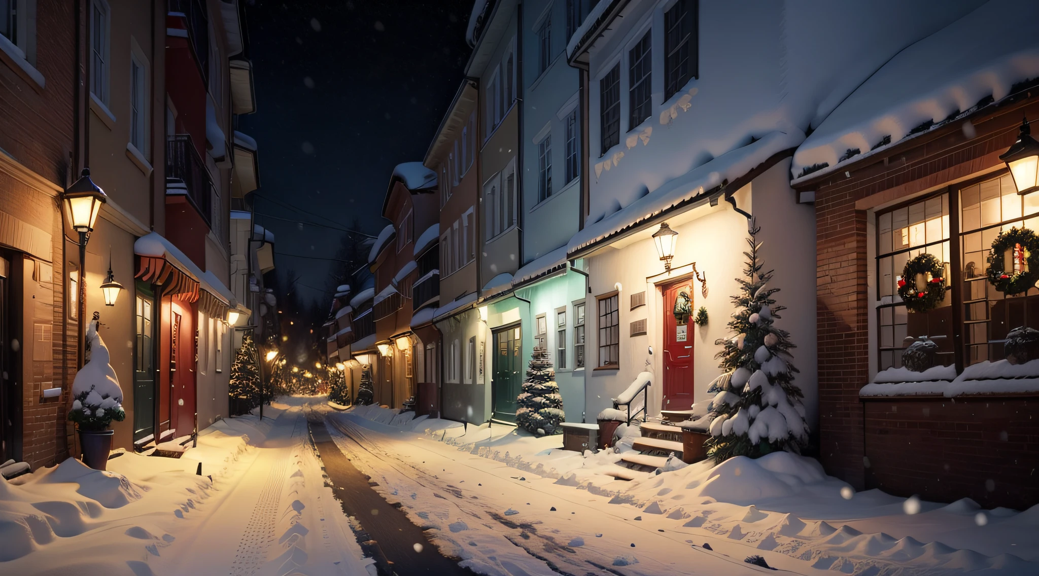 Christmas atmosphere, the street,Efeito de Luz, snowflakes falling,