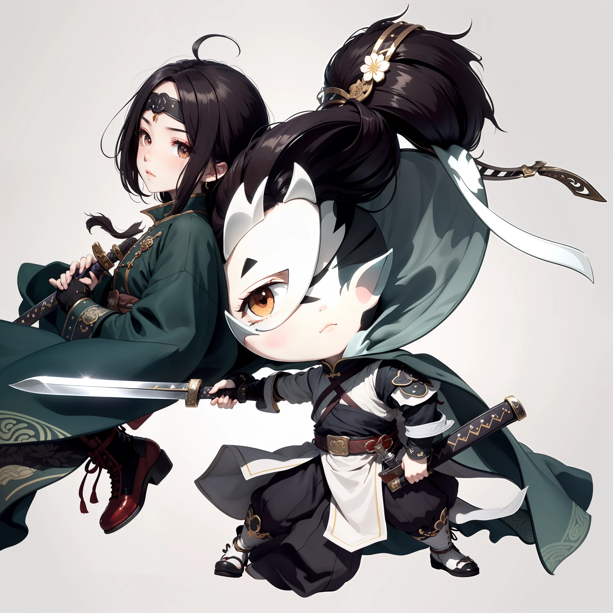 Chibi anime characters，China-style，Chinese shoes，The sword，sword sheath，There is a beautiful pattern on the scabbard，Refinement，Fine painting，Refinement，infinite details，high definition detail，Delicate belt，Belt accessories，Male characters，Blindfolds，sideface，swordsman，dark colored hair，Patterned，Pattern，Blank background，Bright colors，Metal edging