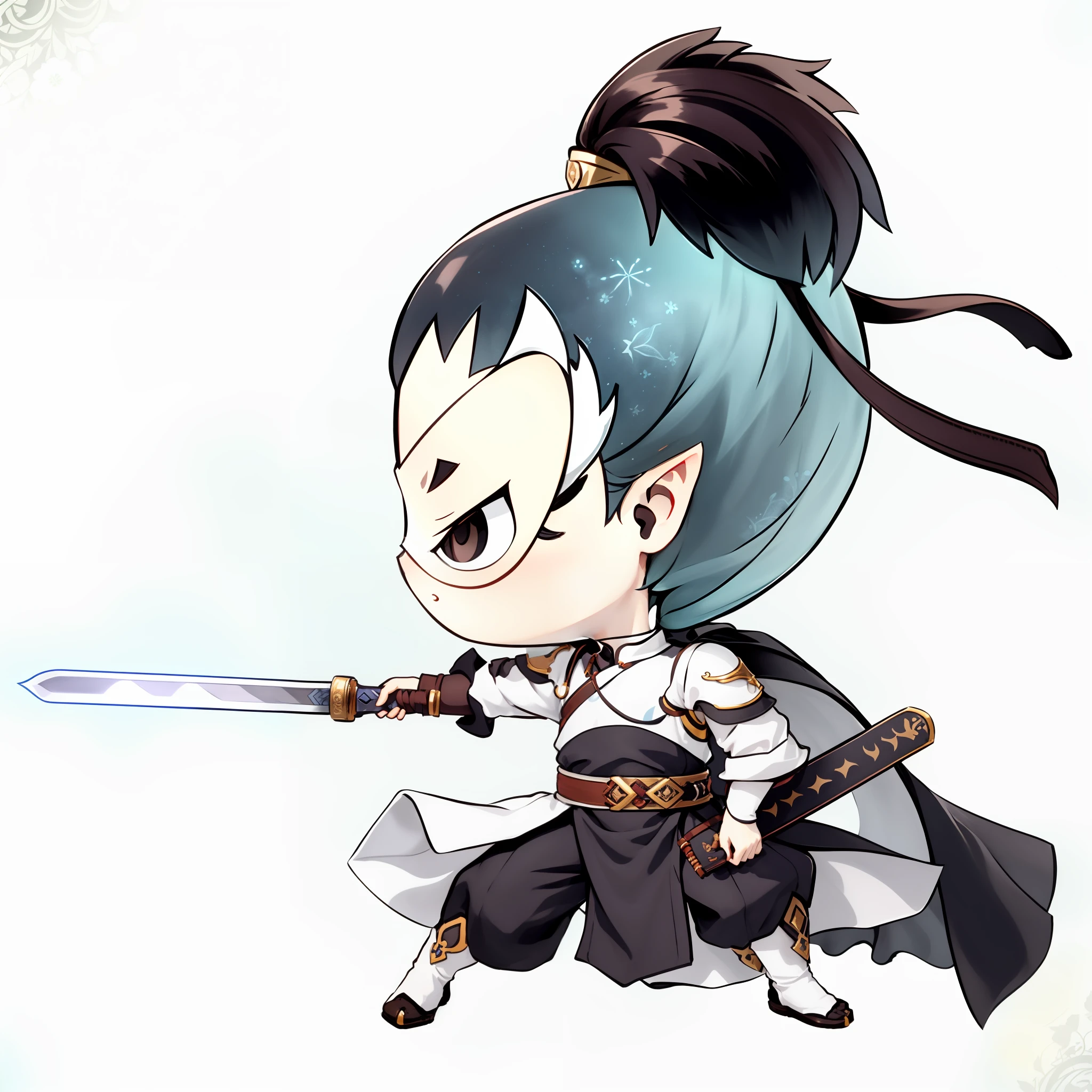 Chibi anime characters,The sword,sword sheath,There is a beautiful pattern on the scabbard,Refinement,Fine painting,Refinement,infinite details,high definition detail,Delicate belt,Belt accessories,Male characters,Blindfolds,sideface,swordsman,dark colored hair,Patterned,Pattern,Blank background,Bright colors,Metal edging