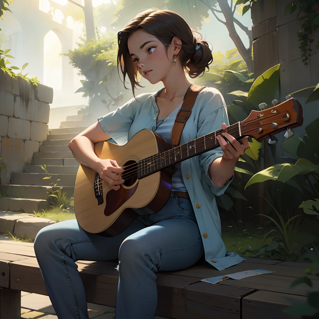 ofia, uma talentosa violonista, he's wearing a pastel-toned short-sleeved blouse and a stripped down denim jacket. With blue skinny jeans and a pair of comfortable sneakers on your feet, She feels comfortable playing her mahogany wood acoustic guitar. The guitar has an amber-toned resonance box, its steel strings glow like golden rays, prontas para criar melodias envolventes. Sentada sob a sombra de um majestoso carvalho em um dia ensolarado de primavera, Sofia deixa-se levar pela melodia que cria, harmonizing with the beauty of the surrounding nature in a relaxed and casual way.